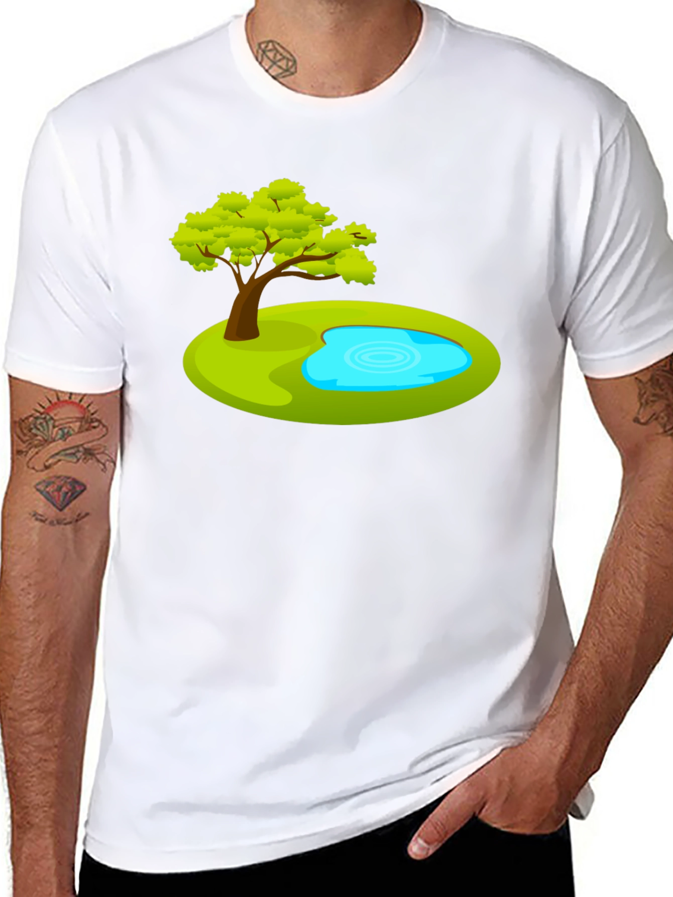 Cartoon Tree & Pond Graphic Tee - Black