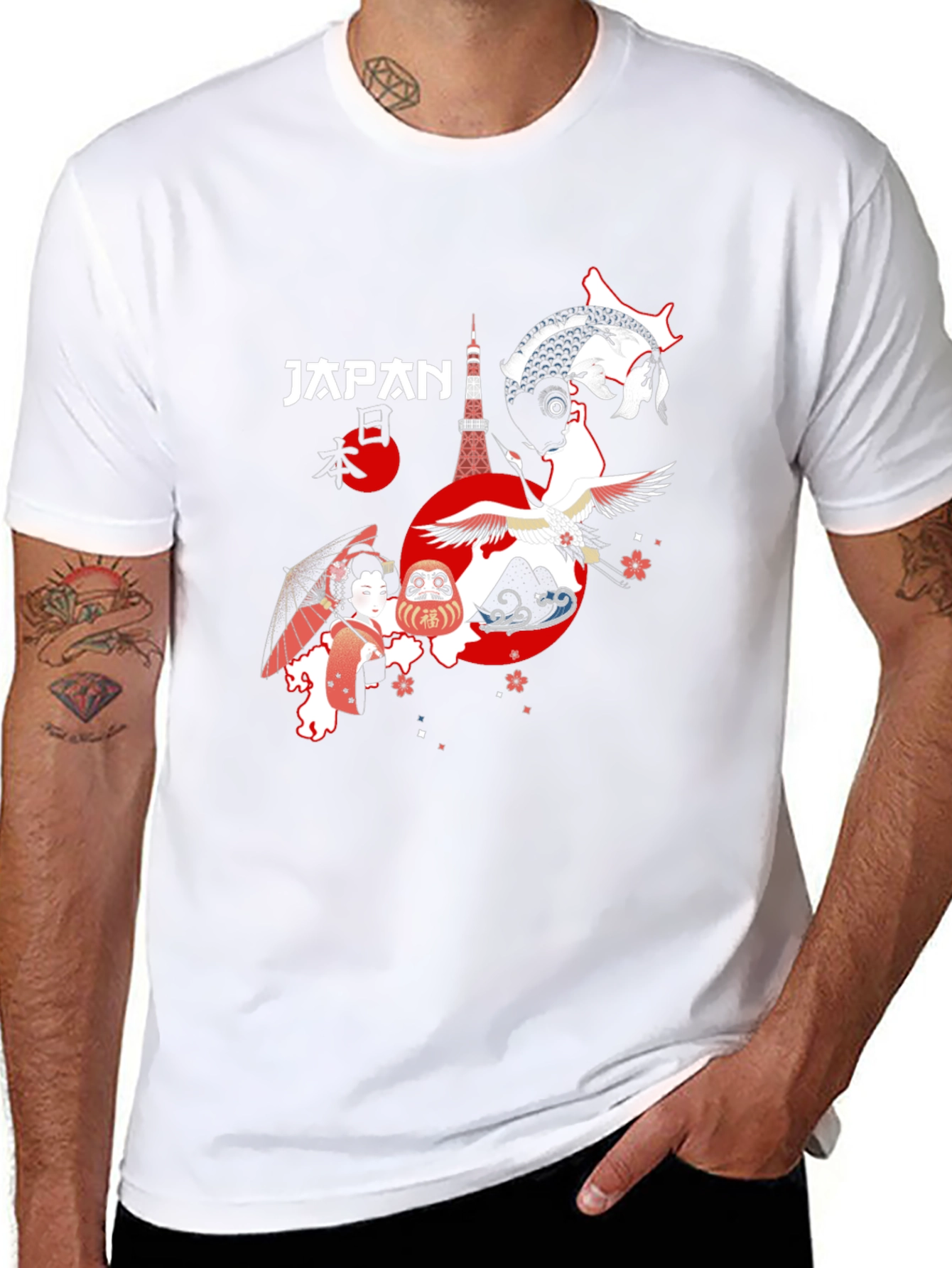 Japan Graphic T-Shirt Tokyo Crane Koi Design