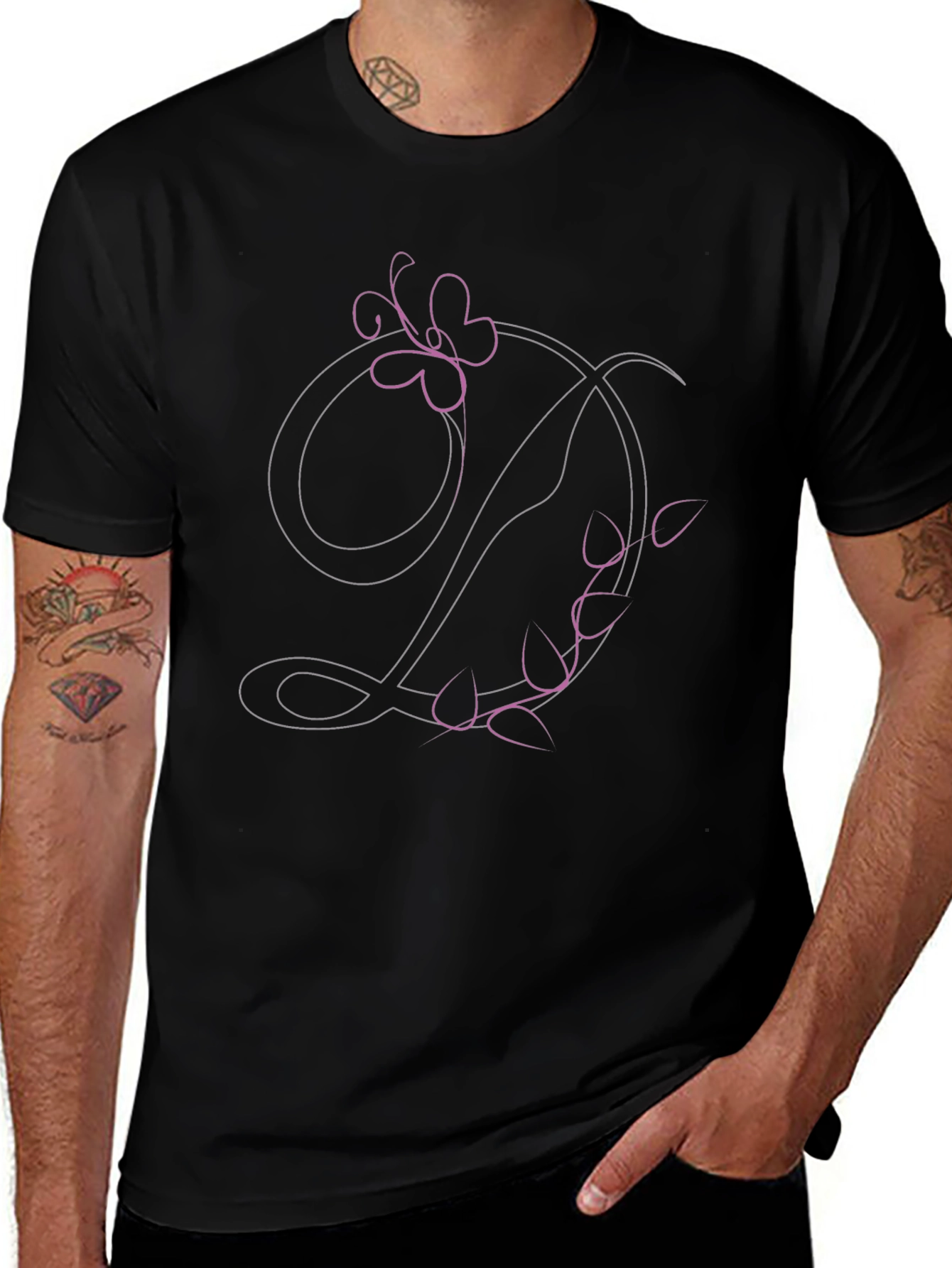 Floral Letter D Black T-Shirt