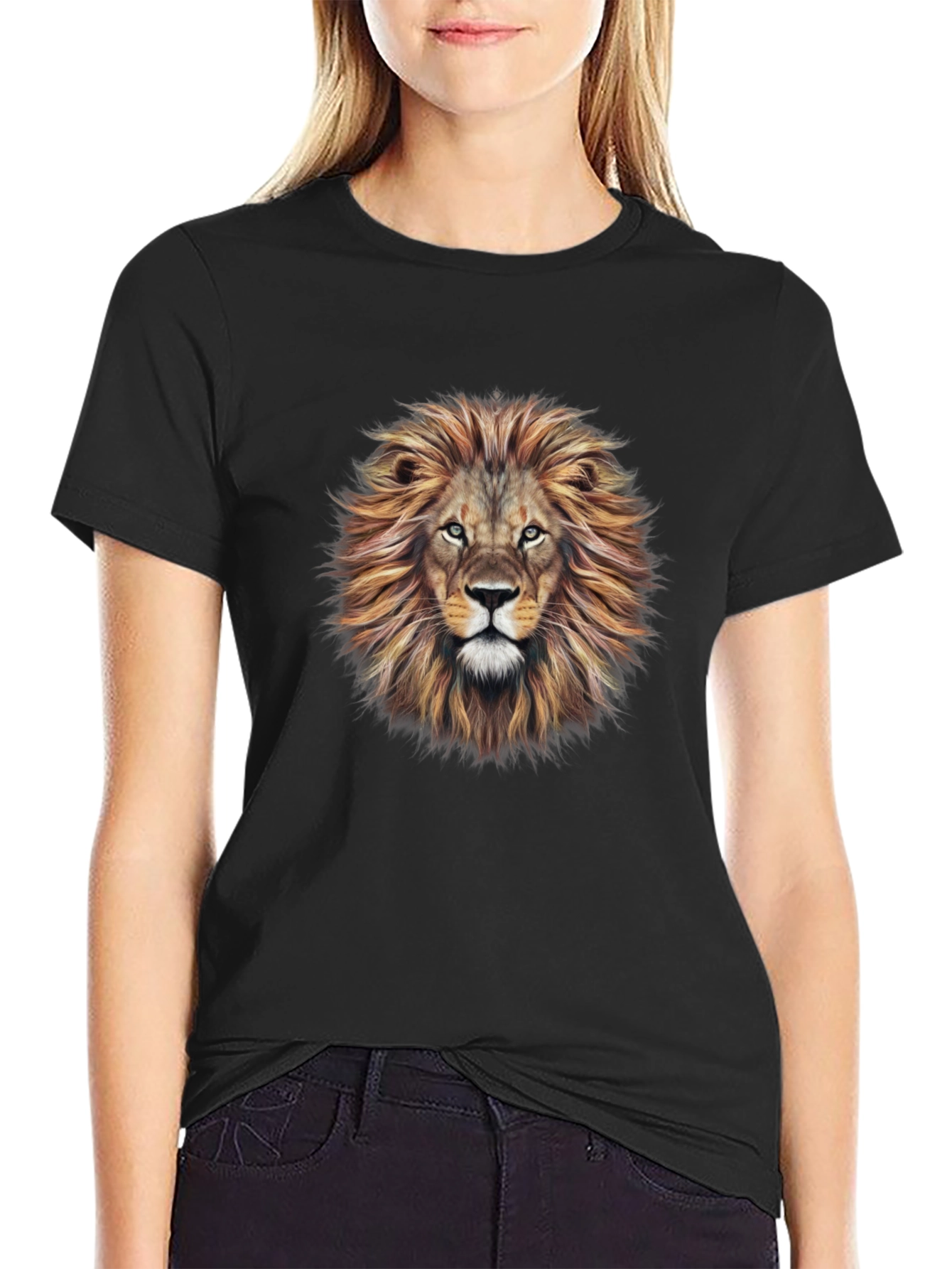 Lion Head Graphic Print Black T-Shirt