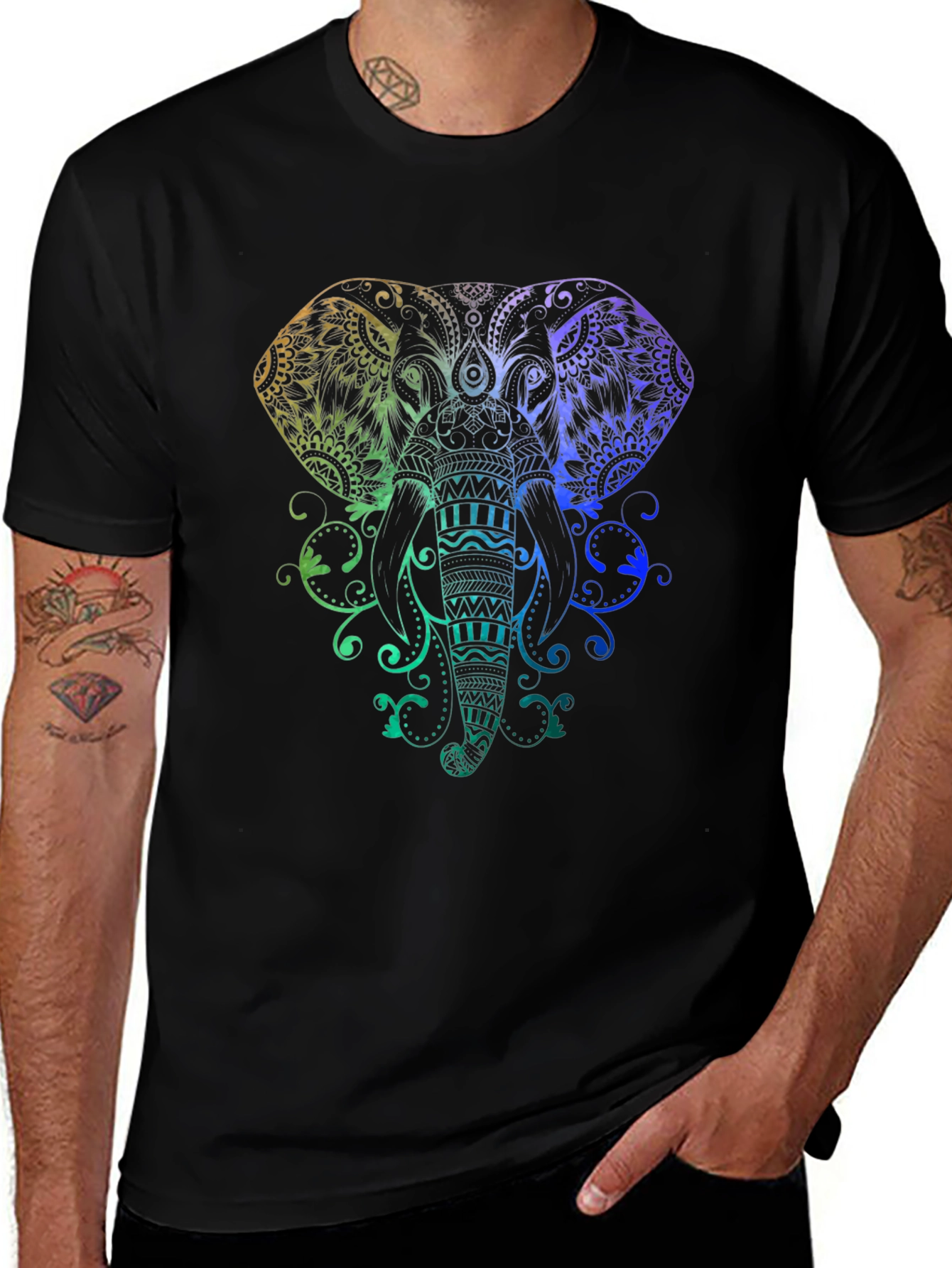 Elephant Mandala Graphic Tee - Black Cotton Shirt