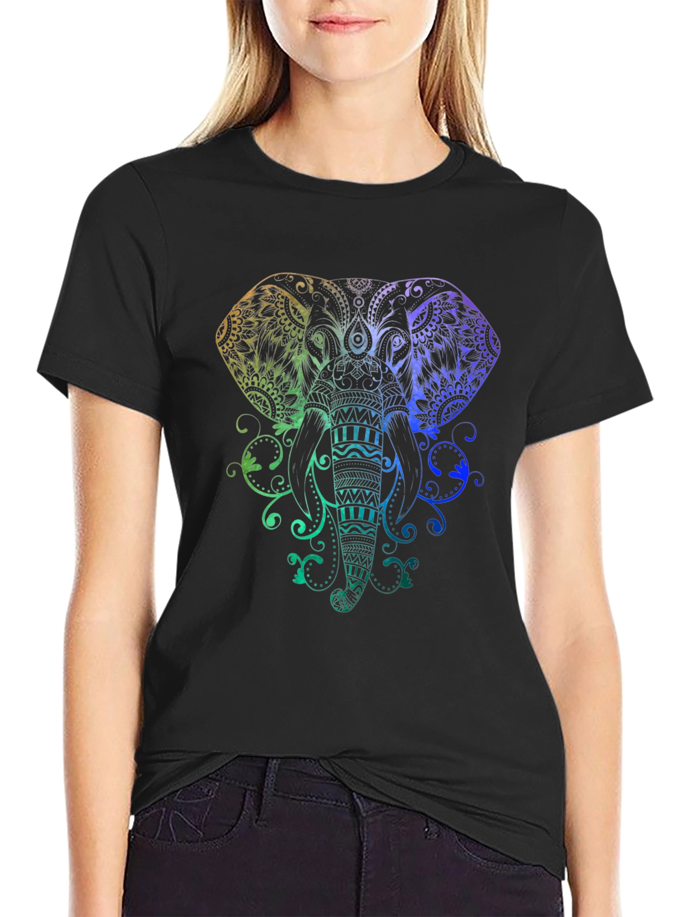 Elephant Mandala Graphic Tee - Black Cotton Shirt