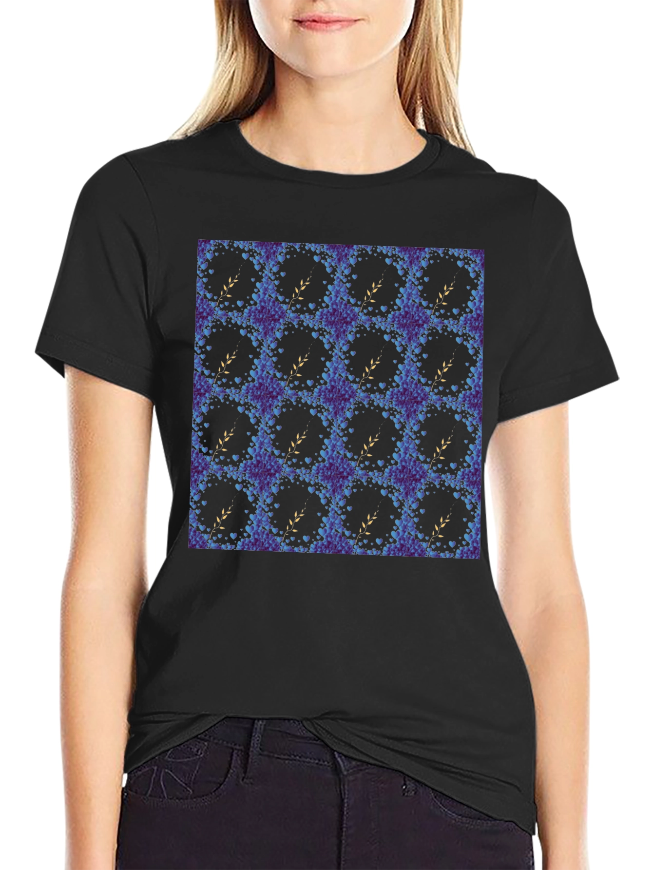 Floral Wreath Pattern Black T-Shirt