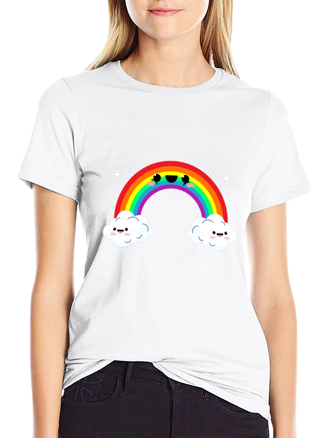 Kawaii Rainbow Cloud Black T-Shirt