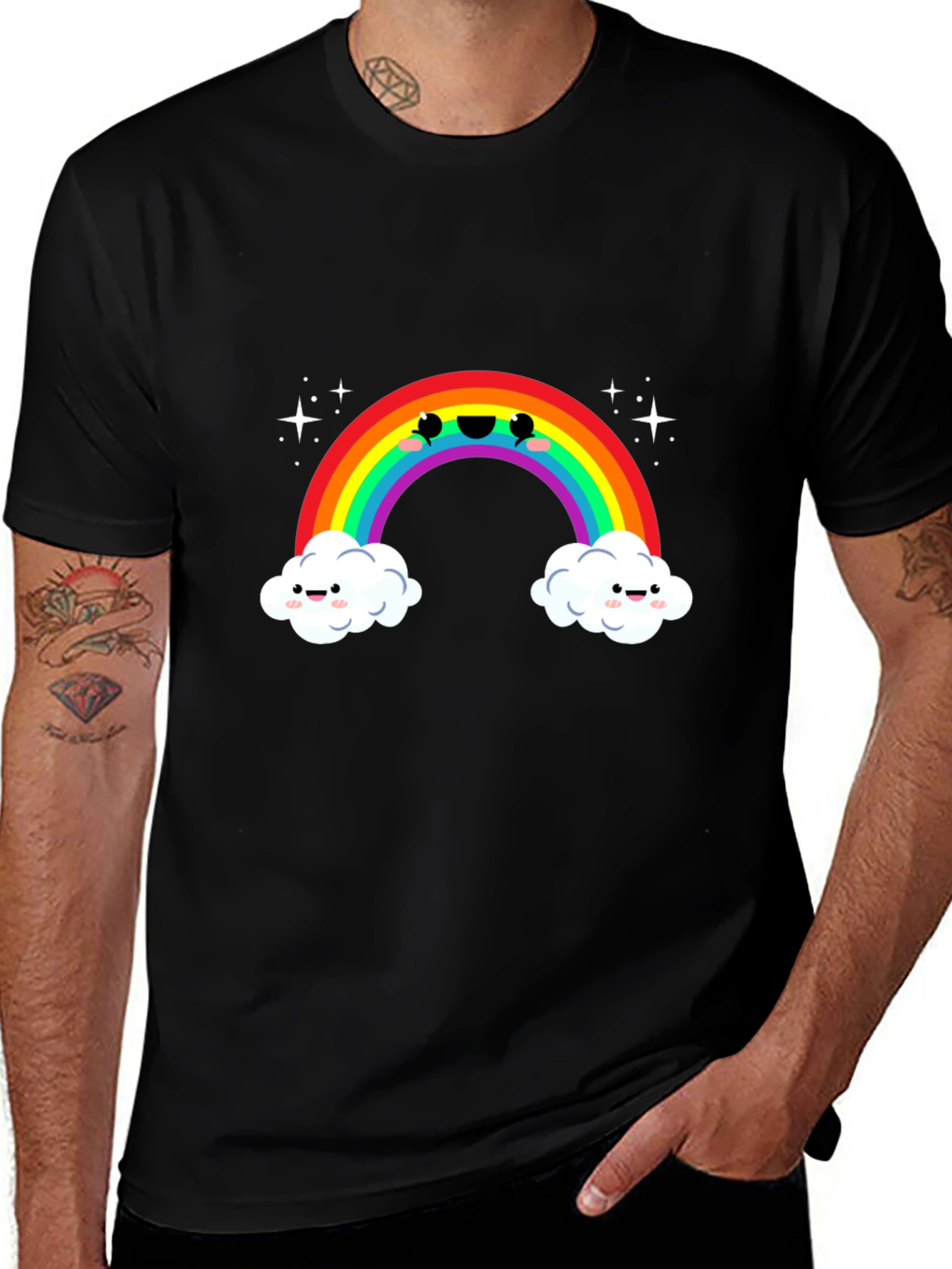 Kawaii Rainbow Cloud Black T-Shirt