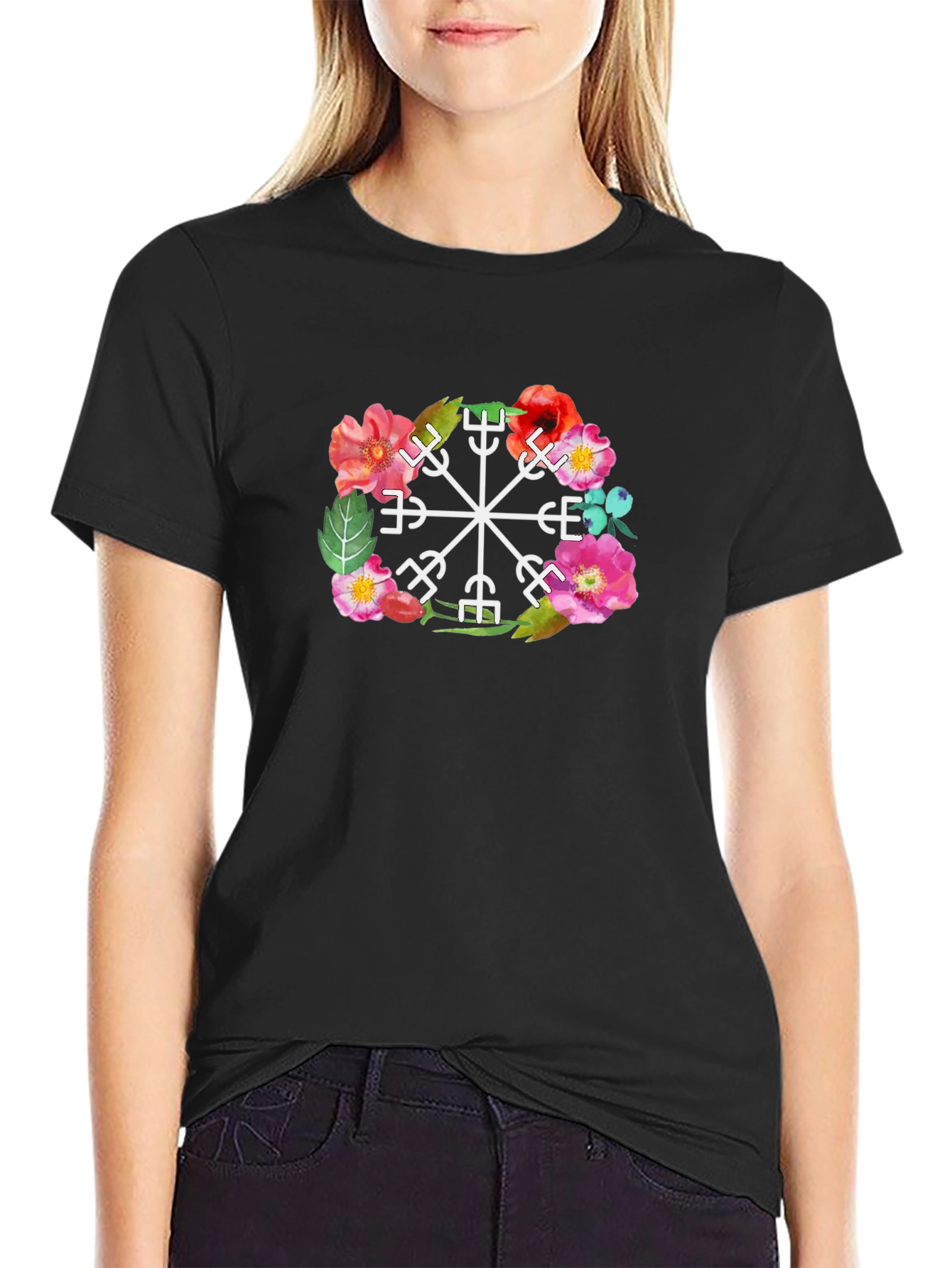 Floral Vegvisir Compass Graphic Tee