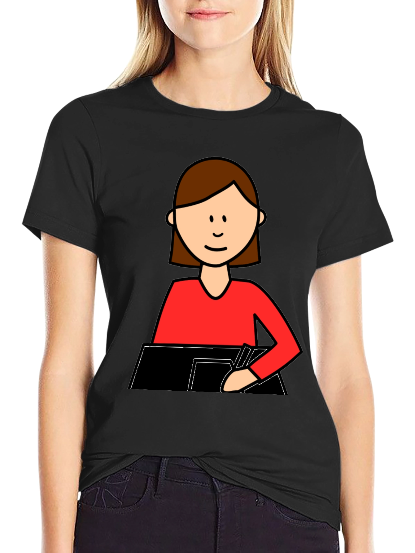 Cartoon Woman Writing T-Shirt - Black