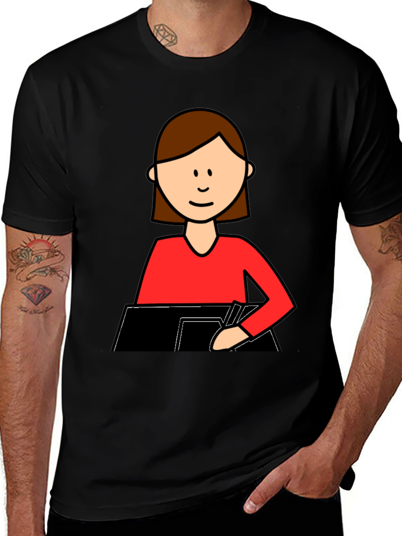 Cartoon Woman Writing T-Shirt - Black