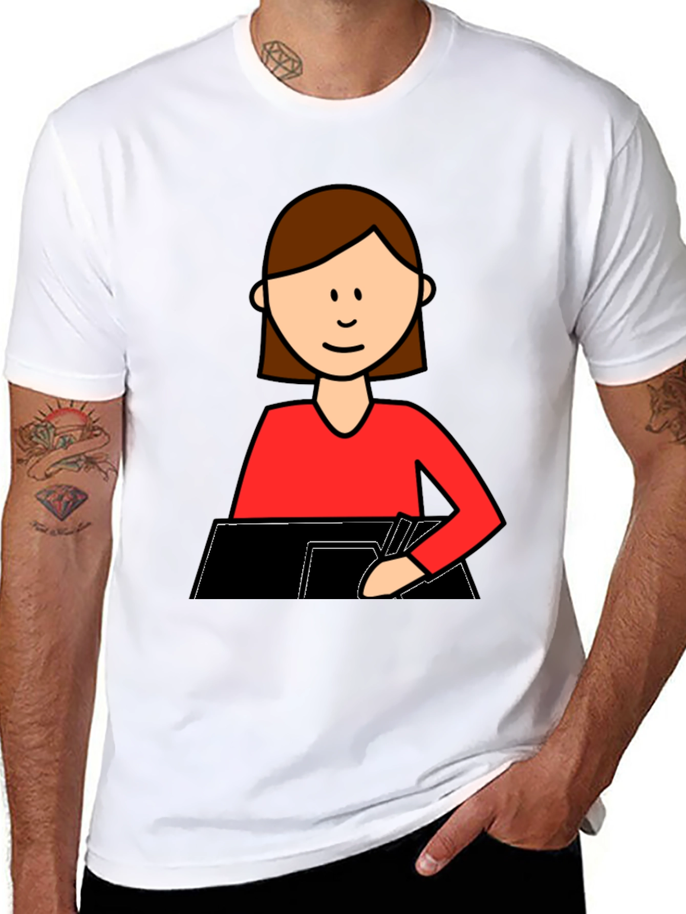 Cartoon Woman Writing T-Shirt - Black