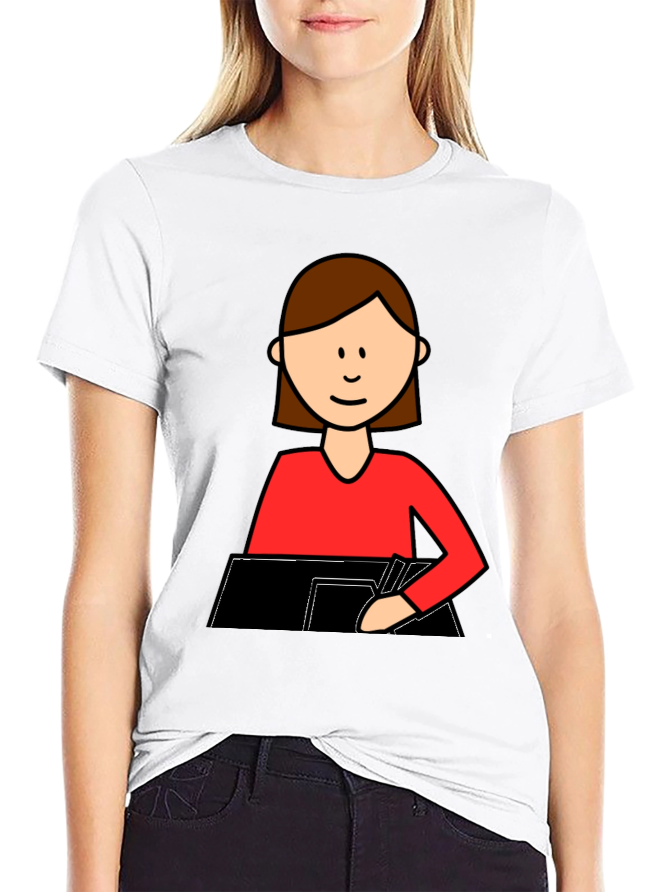 Cartoon Woman Writing T-Shirt - Black