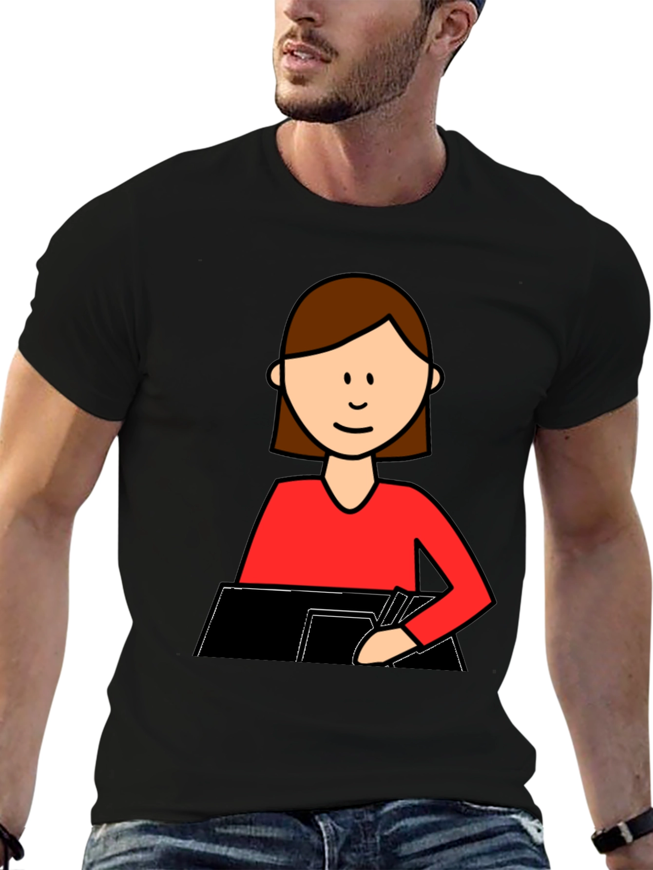 Cartoon Woman Writing T-Shirt - Black