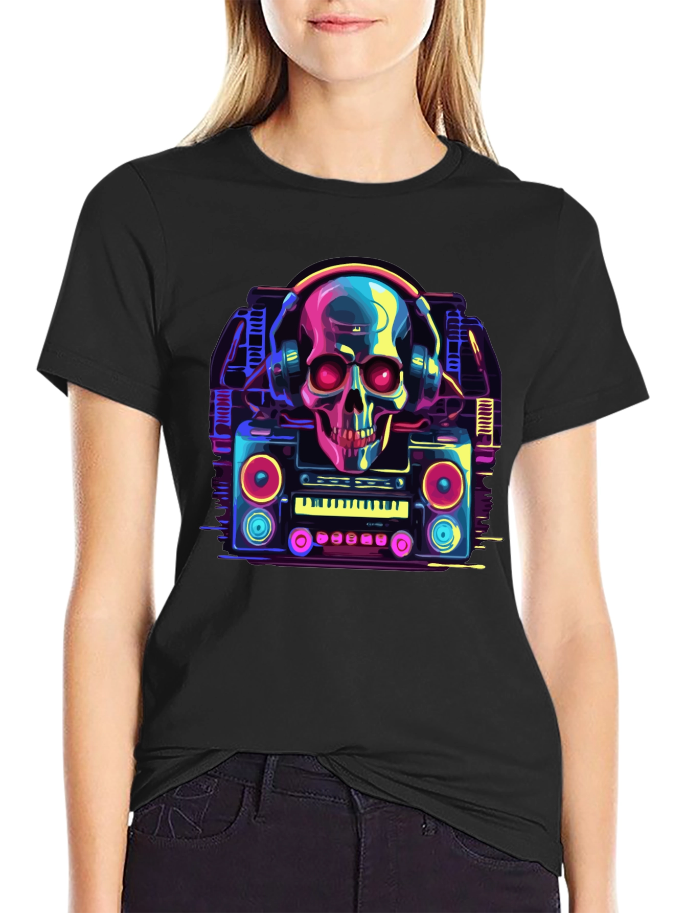 Skull Boombox Graphic Tee - Retro Music Style