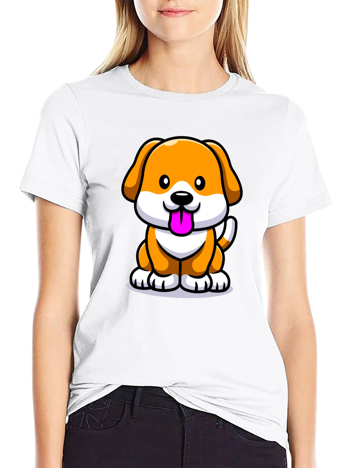 Cartoon Dog Graphic Tee - Black Cotton Blend