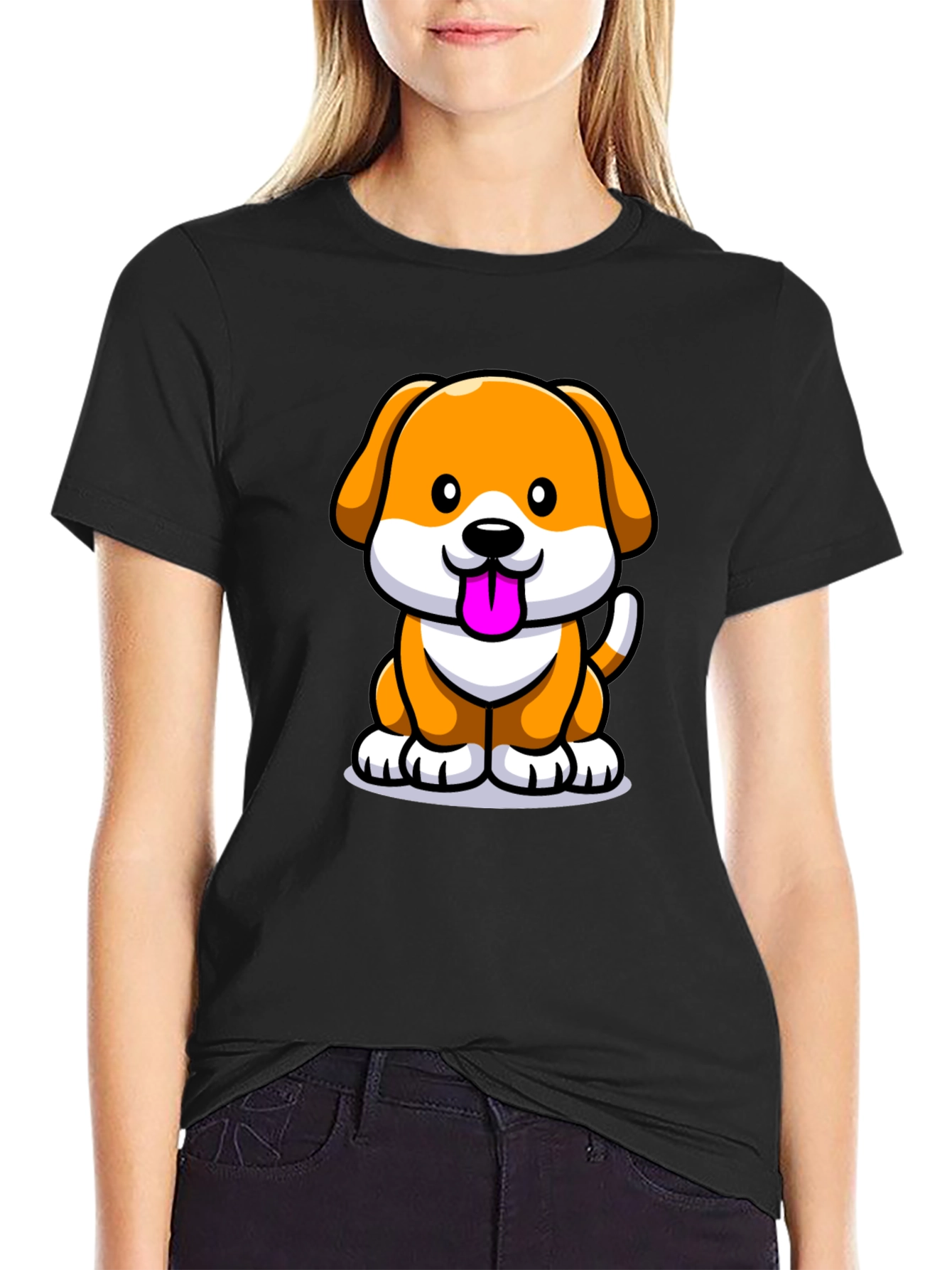 Cartoon Dog Graphic Tee - Black Cotton Blend