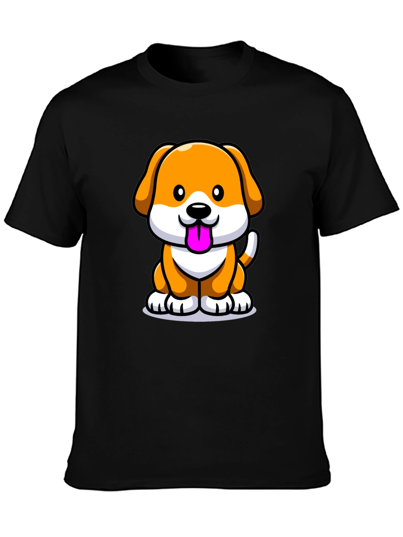 Cartoon Dog Graphic Tee - Black Cotton Blend