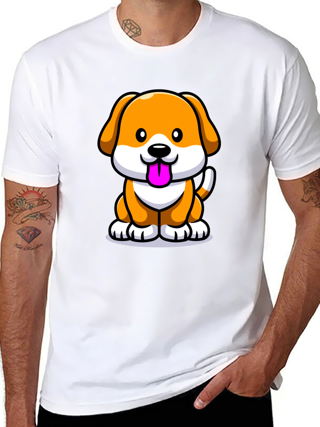 Cartoon Dog Graphic Tee - Black Cotton Blend