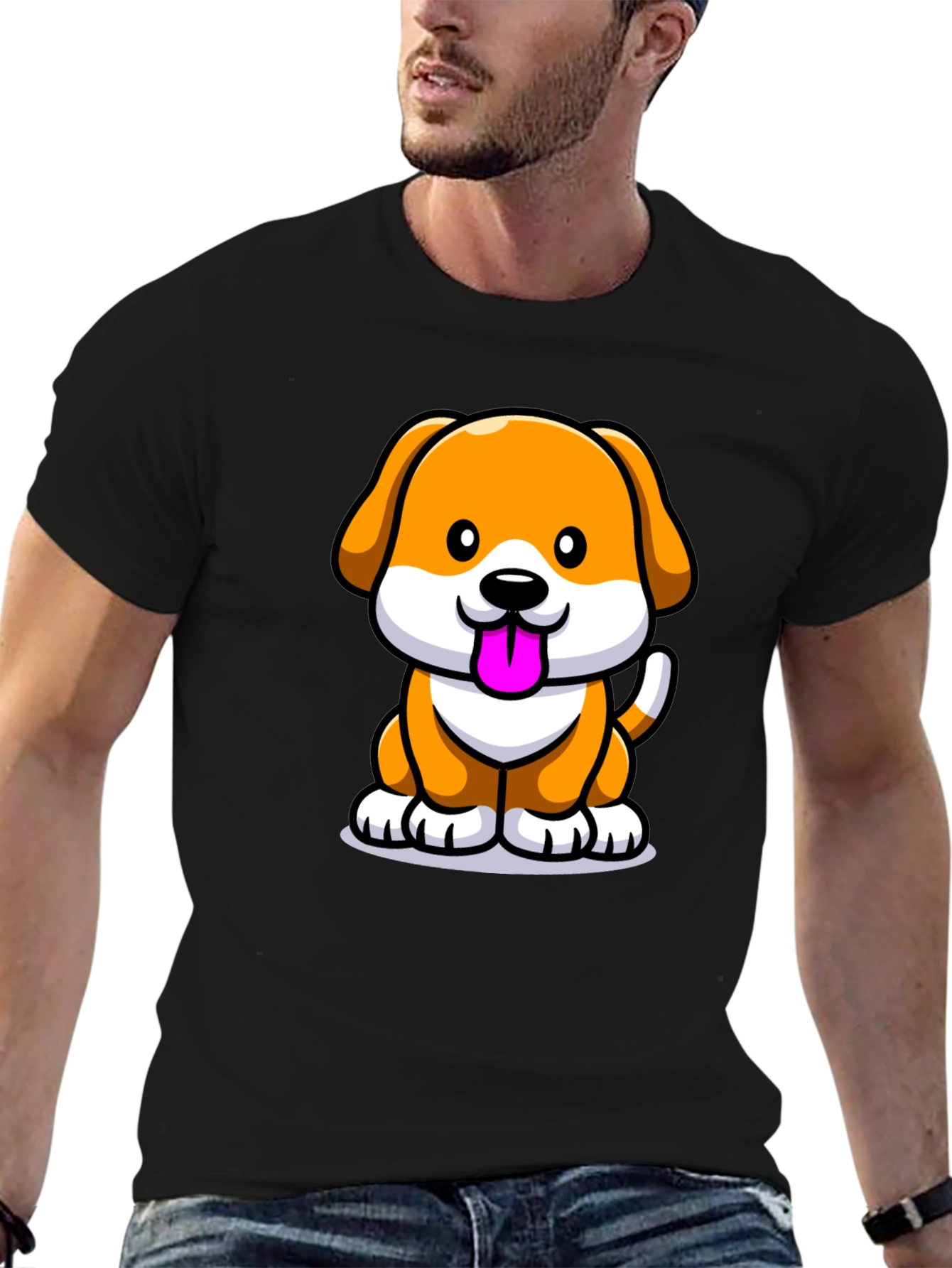 Cartoon Dog Graphic Tee - Black Cotton Blend