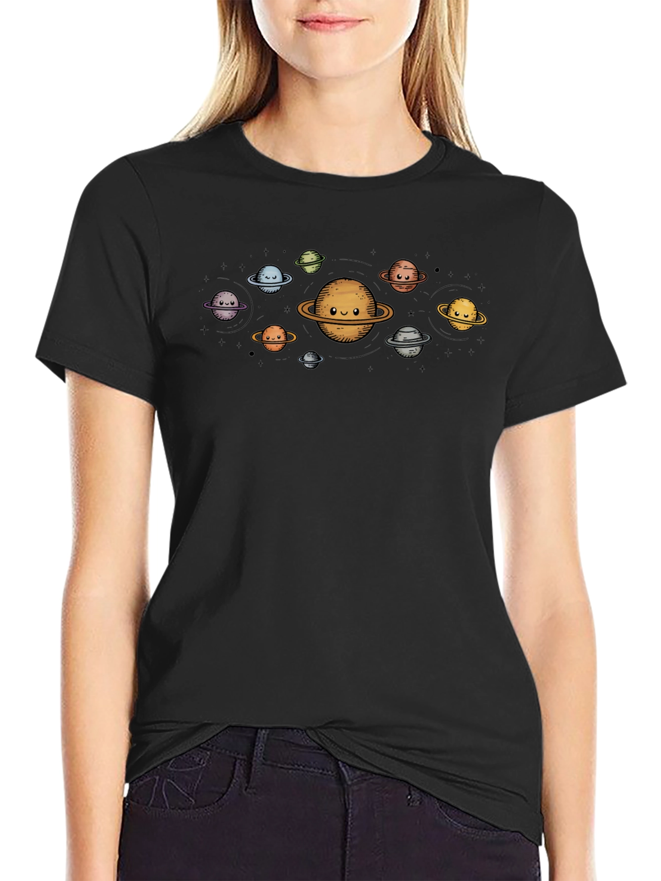 Cute Planets Graphic Black T-Shirt