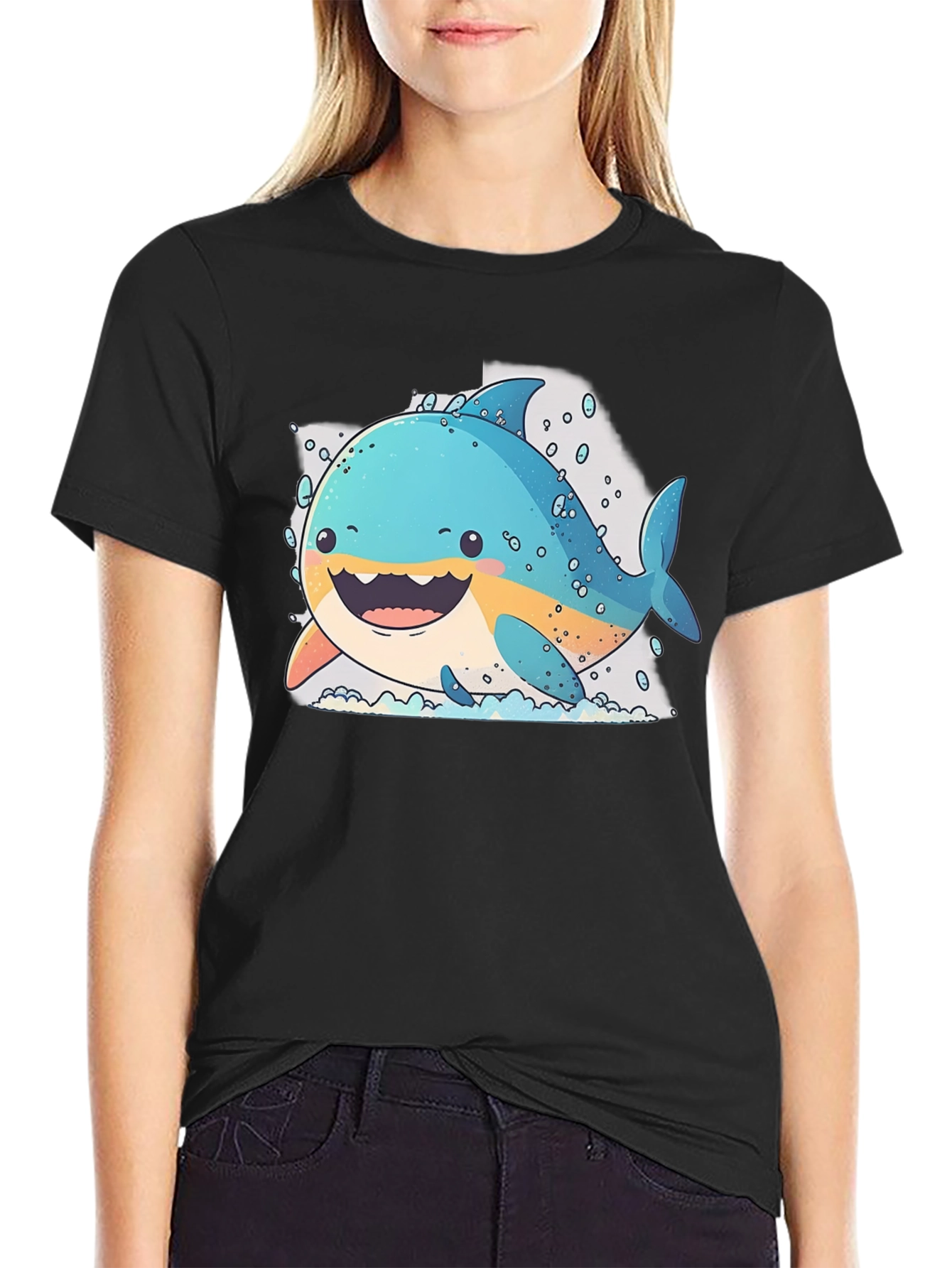 Cartoon Shark Graphic Black T-Shirt