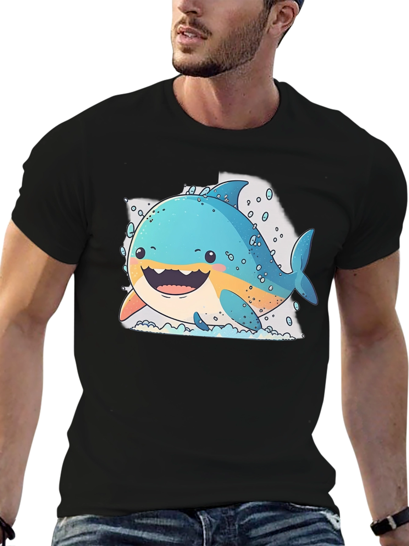 Cartoon Shark Graphic Black T-Shirt