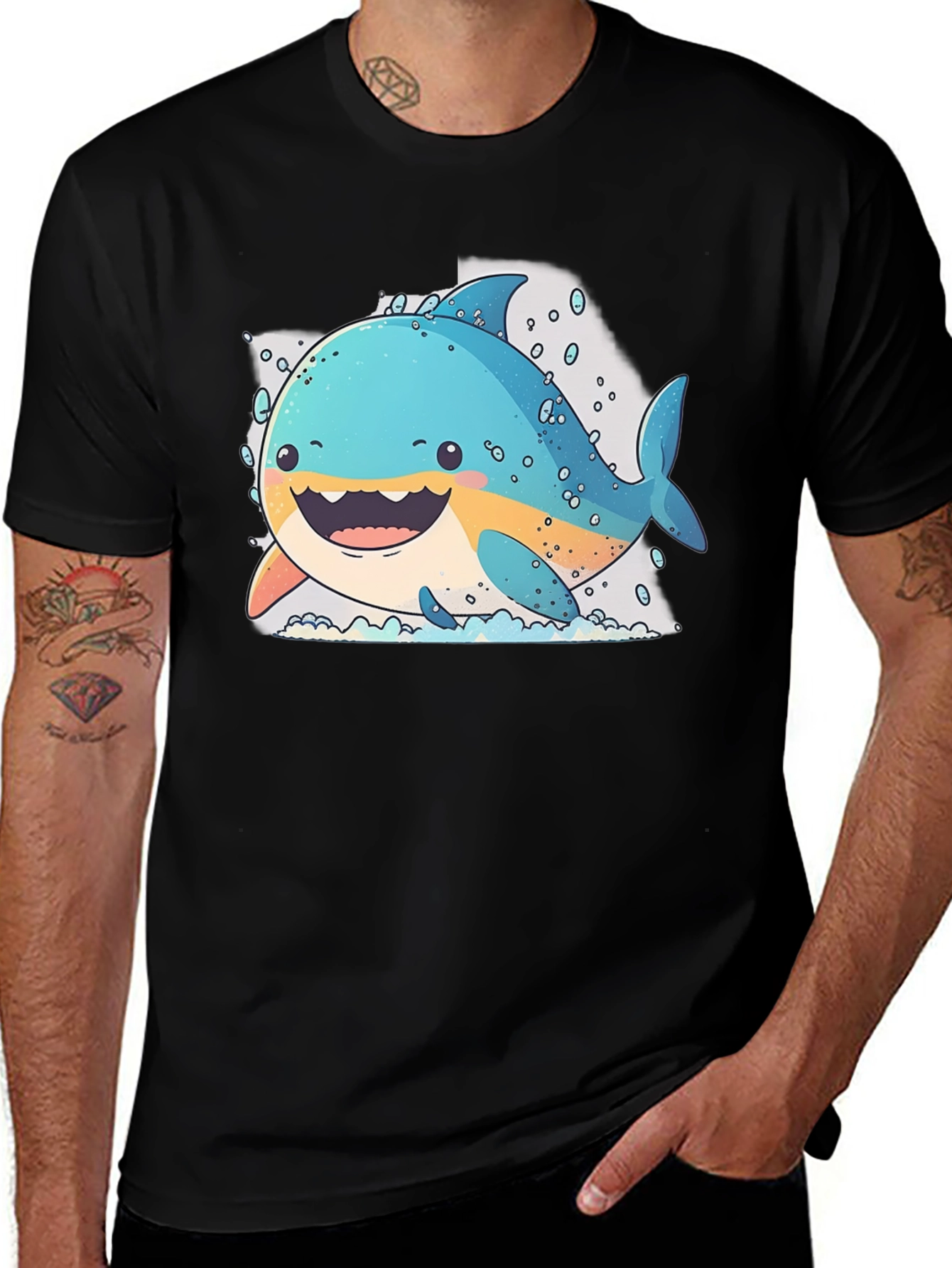Cartoon Shark Graphic Black T-Shirt