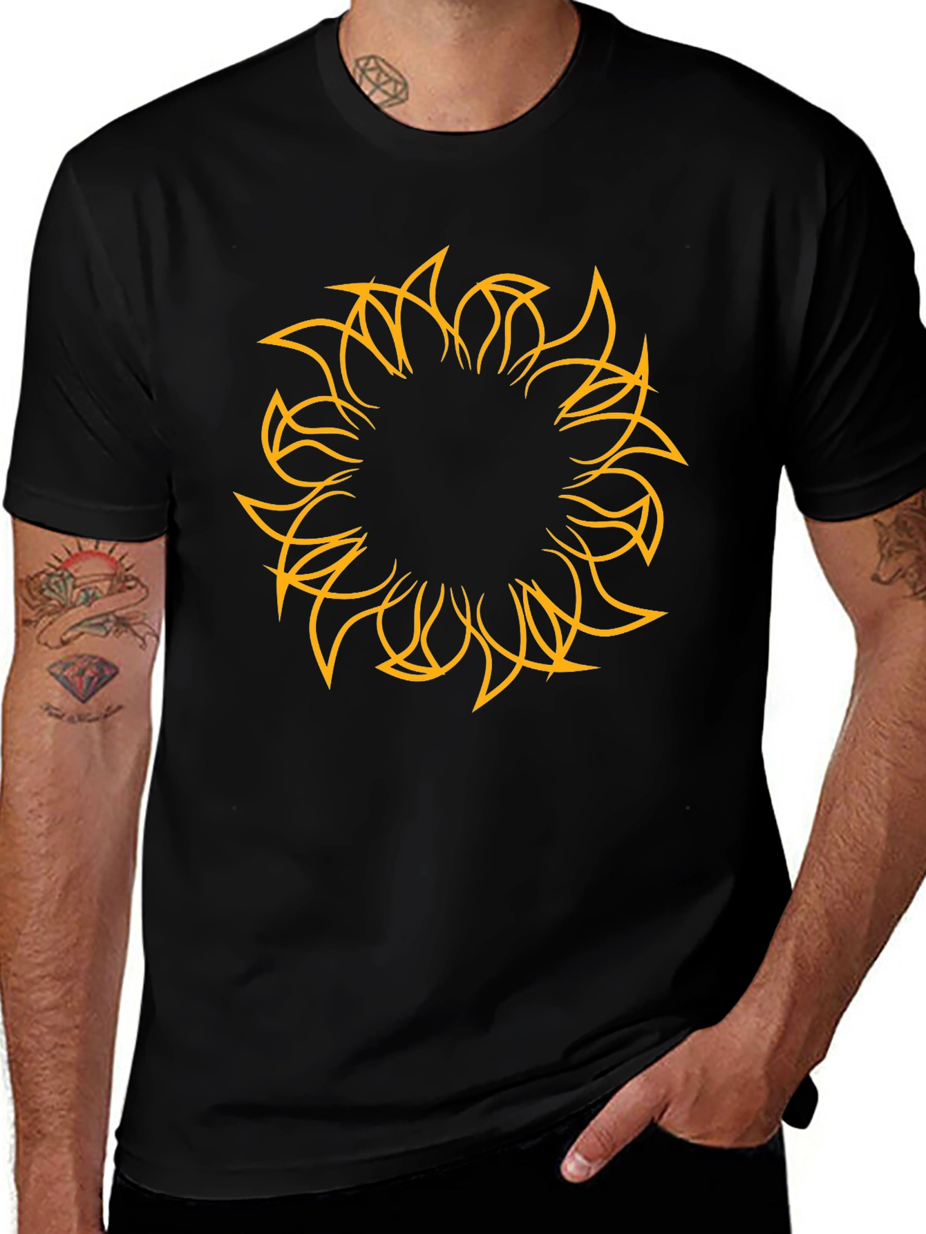 Mens Black Tee with Abstract Sun Design