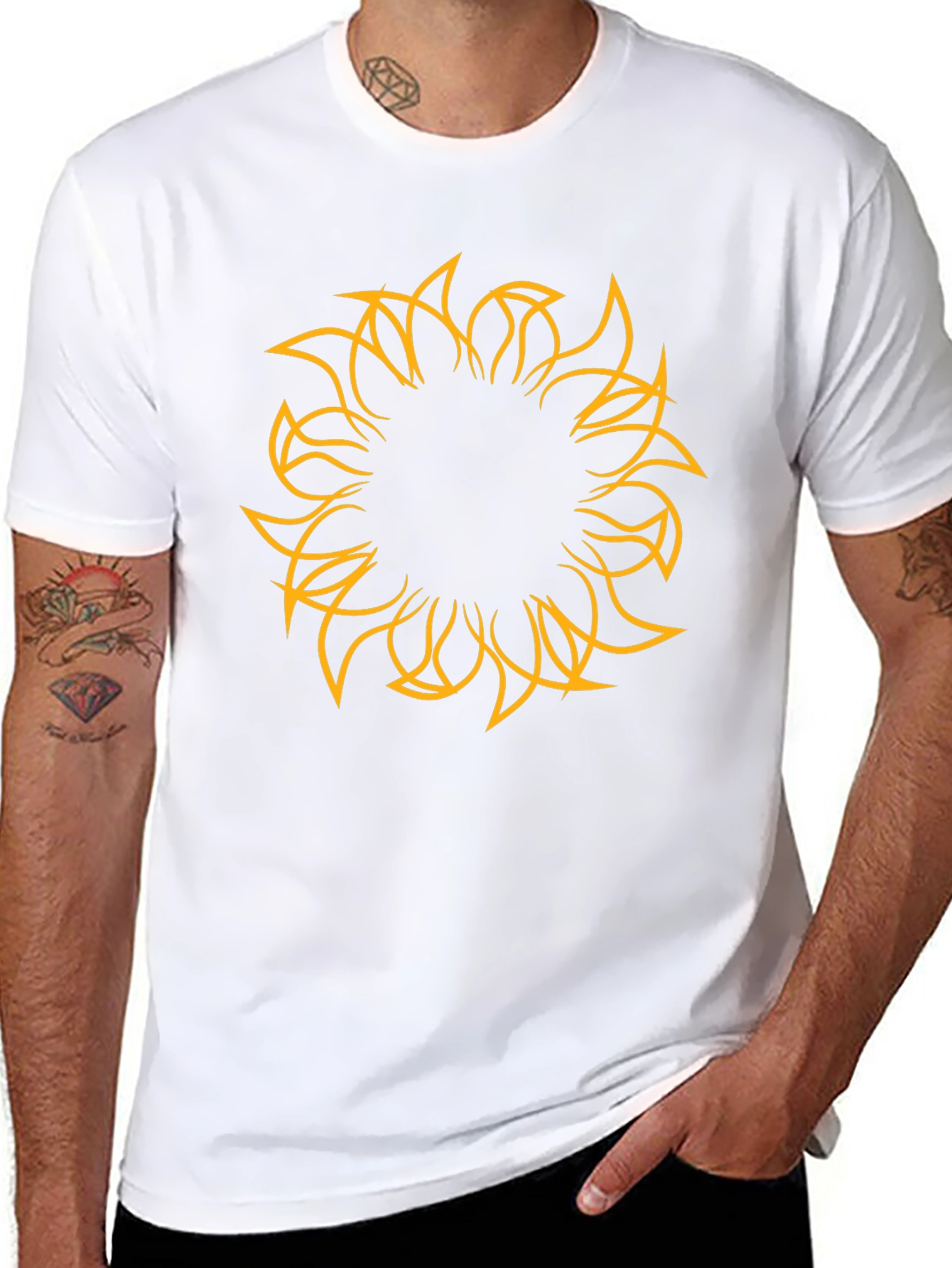 Mens Black Tee with Abstract Sun Design