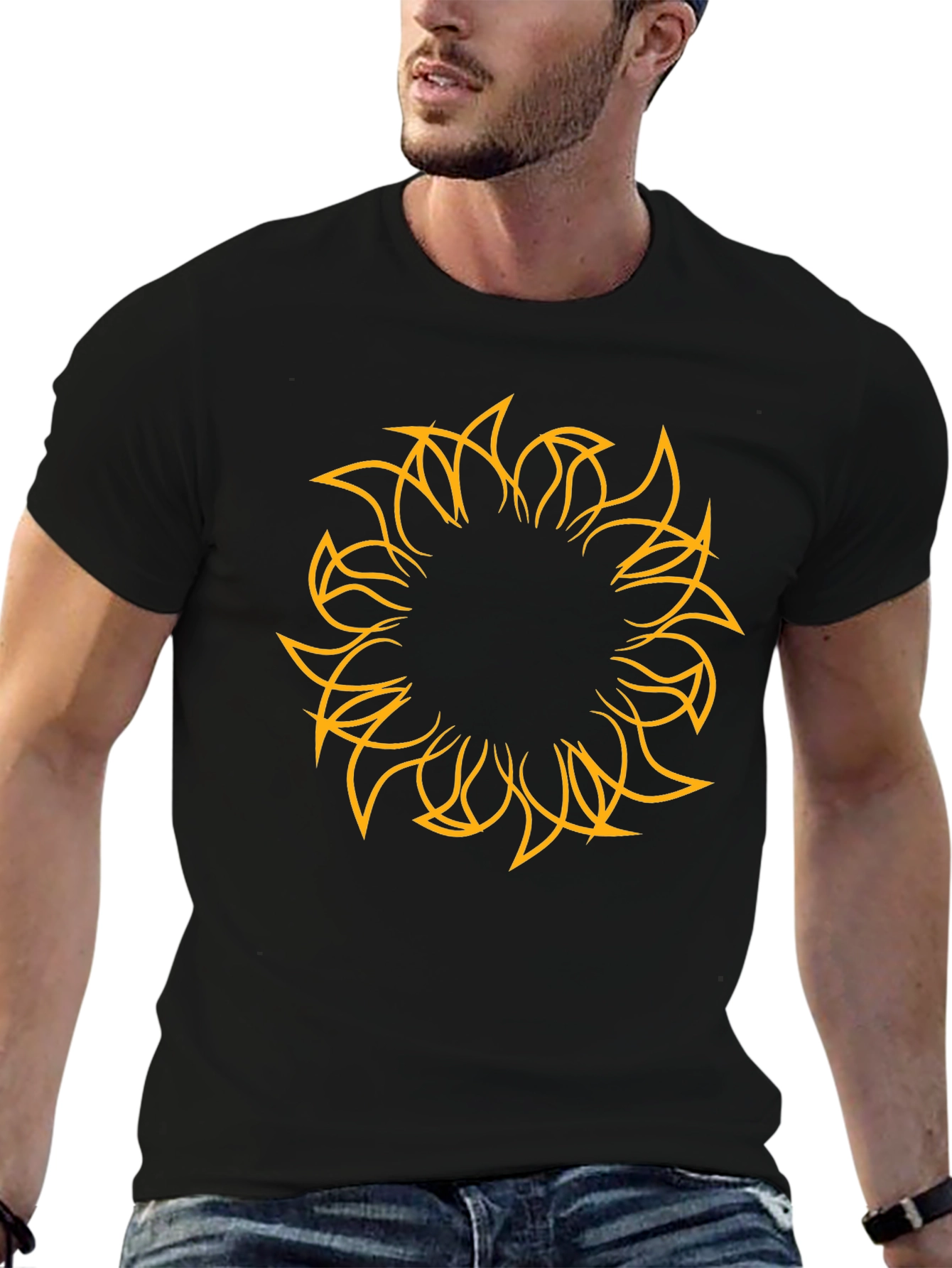 Mens Black Tee with Abstract Sun Design