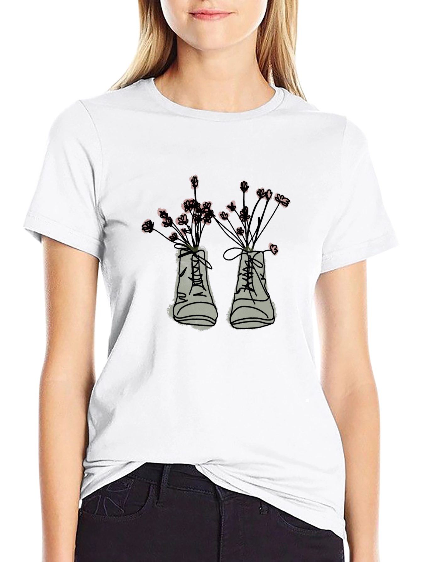 Floral Boots Graphic Tee - Black Cotton T-Shirt
