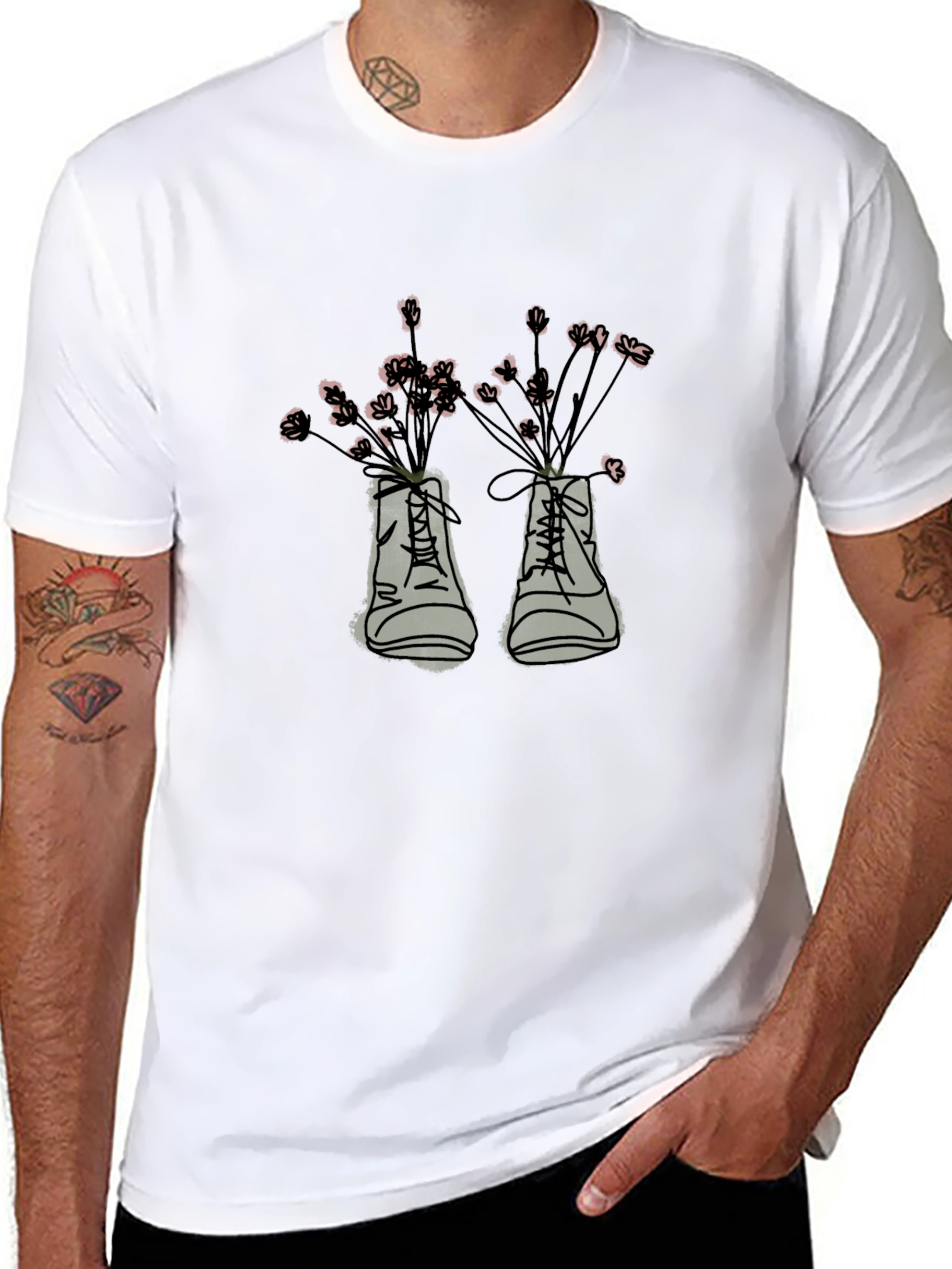 Floral Boots Graphic Tee - Black Cotton T-Shirt