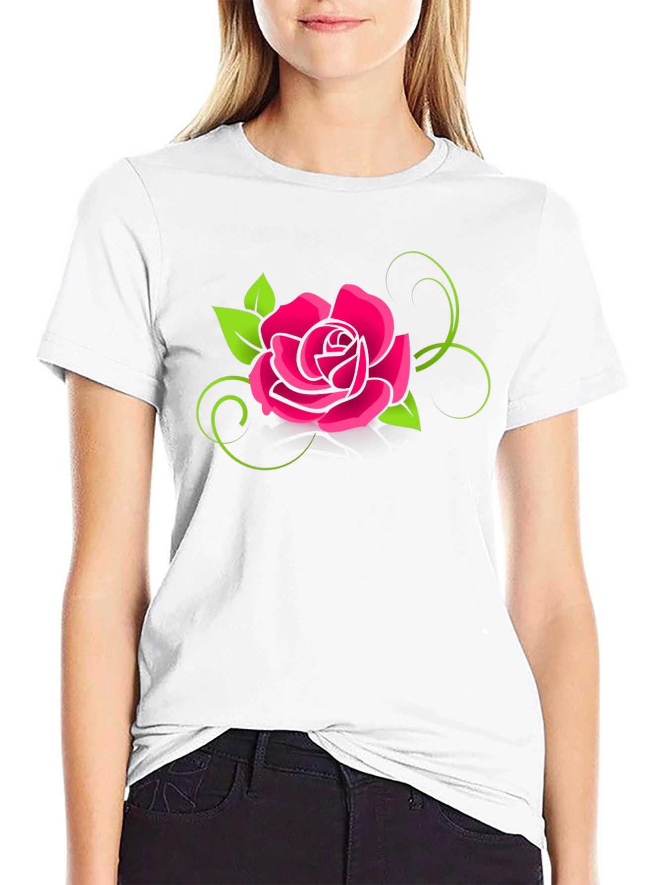 Black T-Shirt with Bold Pink Rose Design