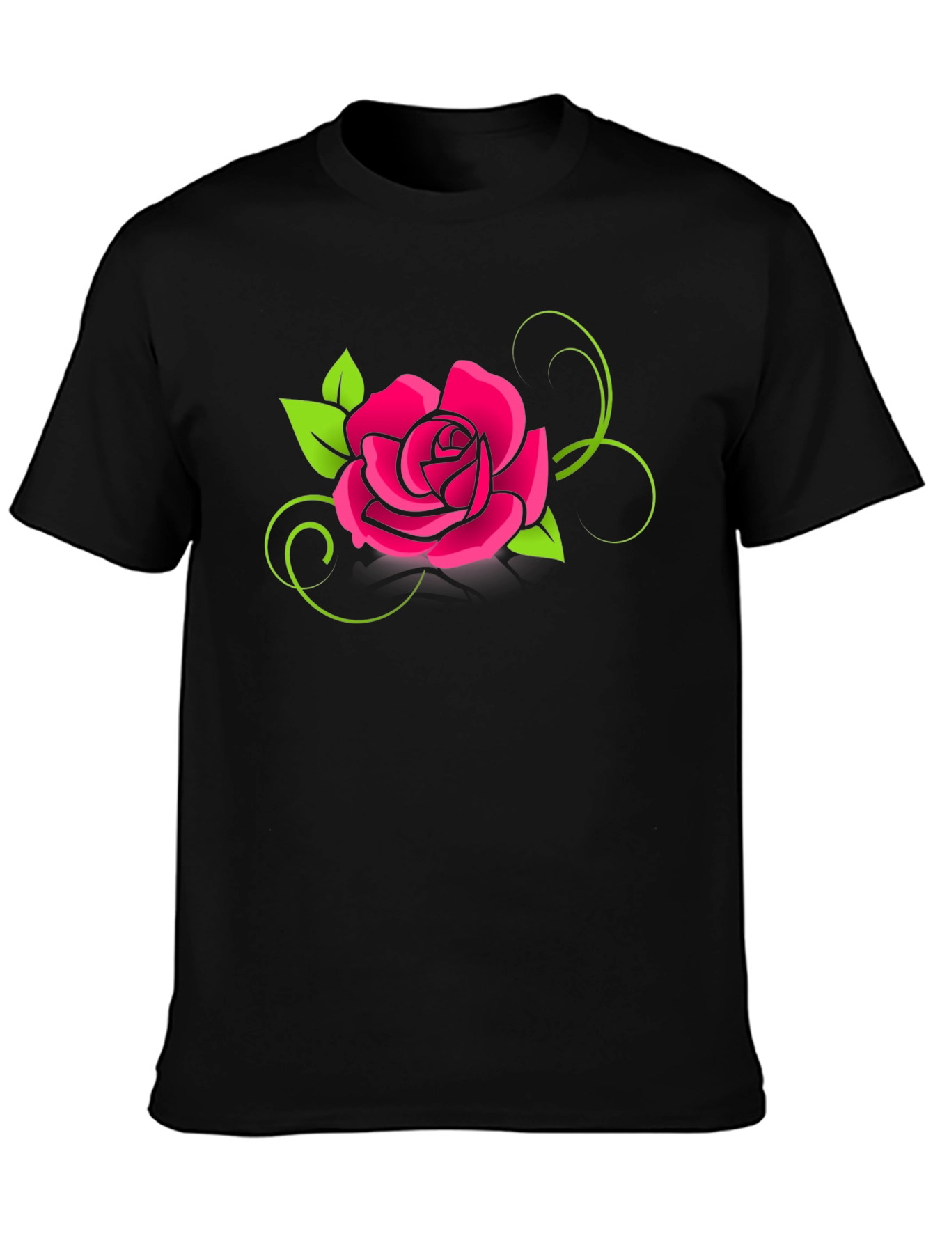 Black T-Shirt with Bold Pink Rose Design
