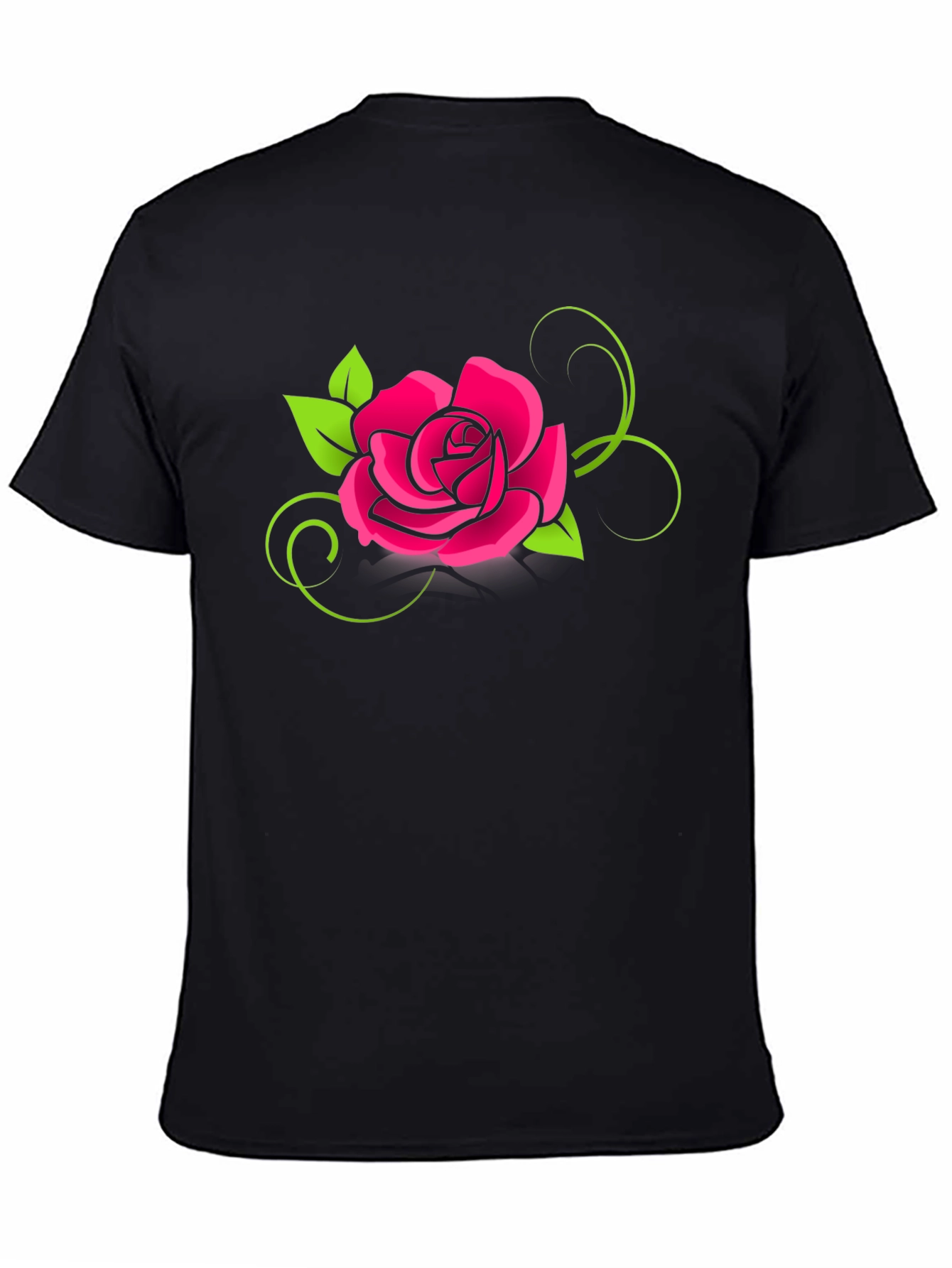 Black T-Shirt with Bold Pink Rose Design