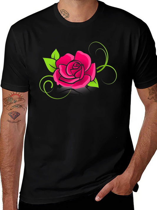 Black T-Shirt with Bold Pink Rose Design