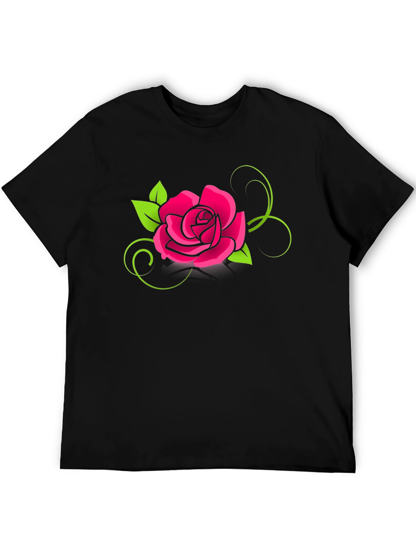 Black T-Shirt with Bold Pink Rose Design