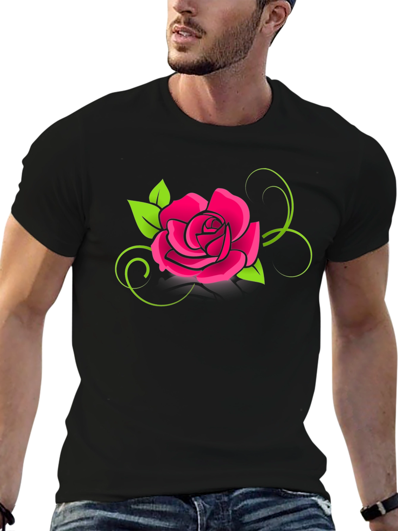 Black T-Shirt with Bold Pink Rose Design