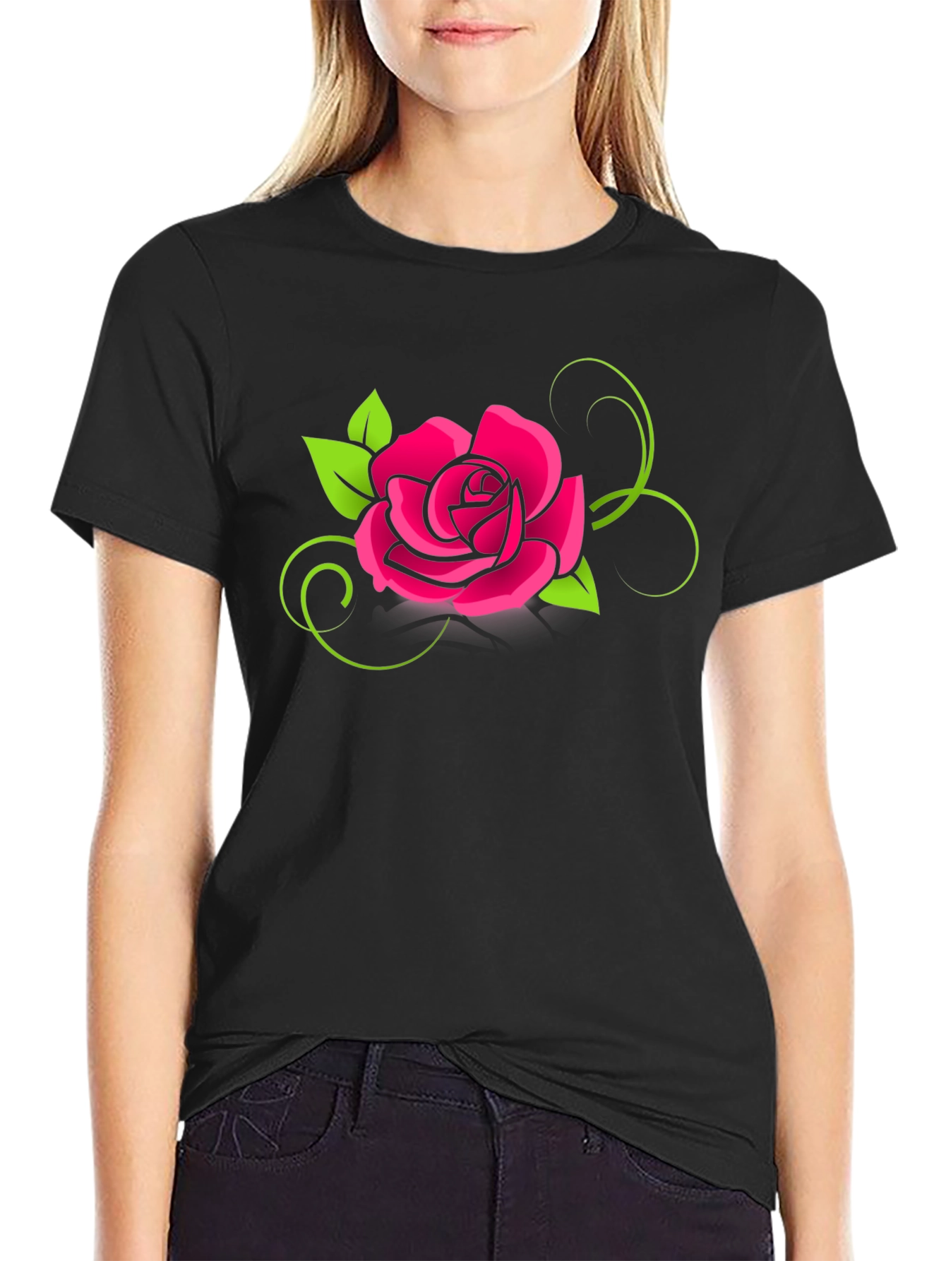 Black T-Shirt with Bold Pink Rose Design