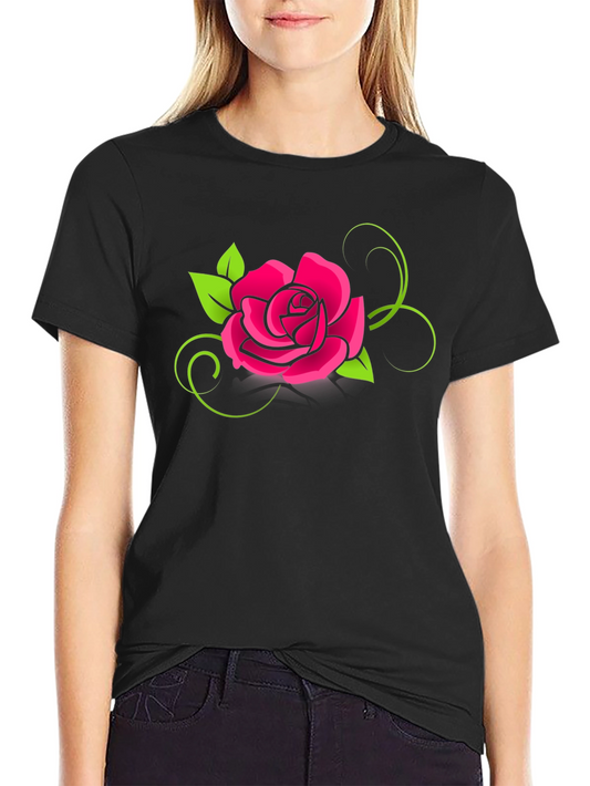 Black T-Shirt with Bold Pink Rose Design
