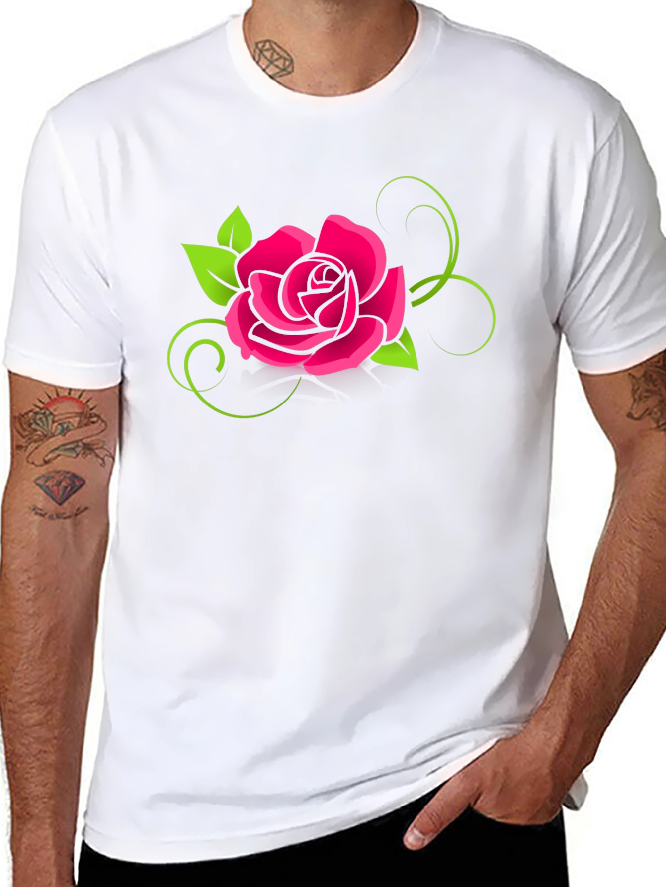 Black T-Shirt with Bold Pink Rose Design