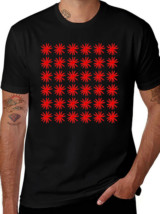 Red Starburst Pattern Black T-Shirt