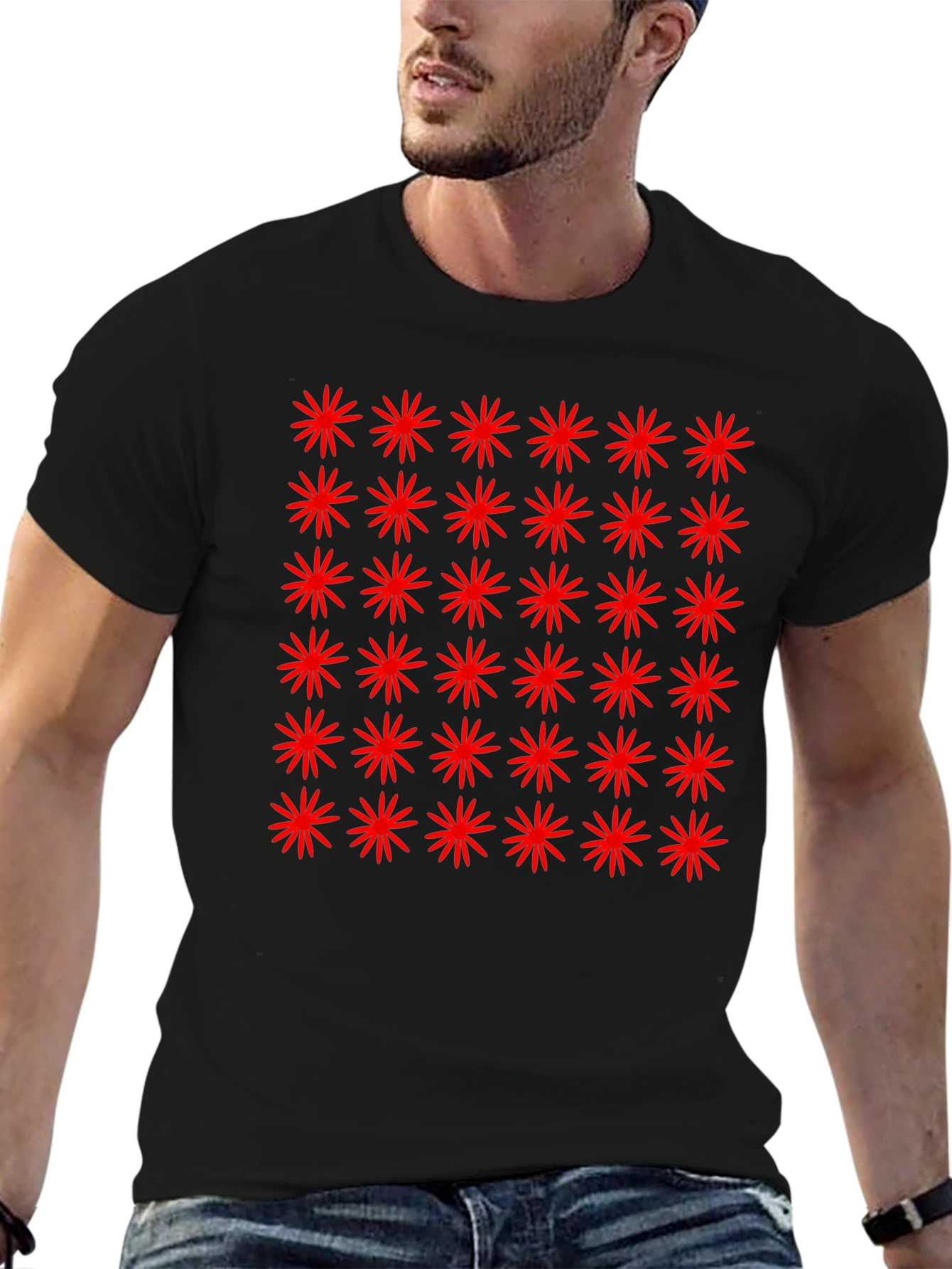 Red Starburst Pattern Black T-Shirt