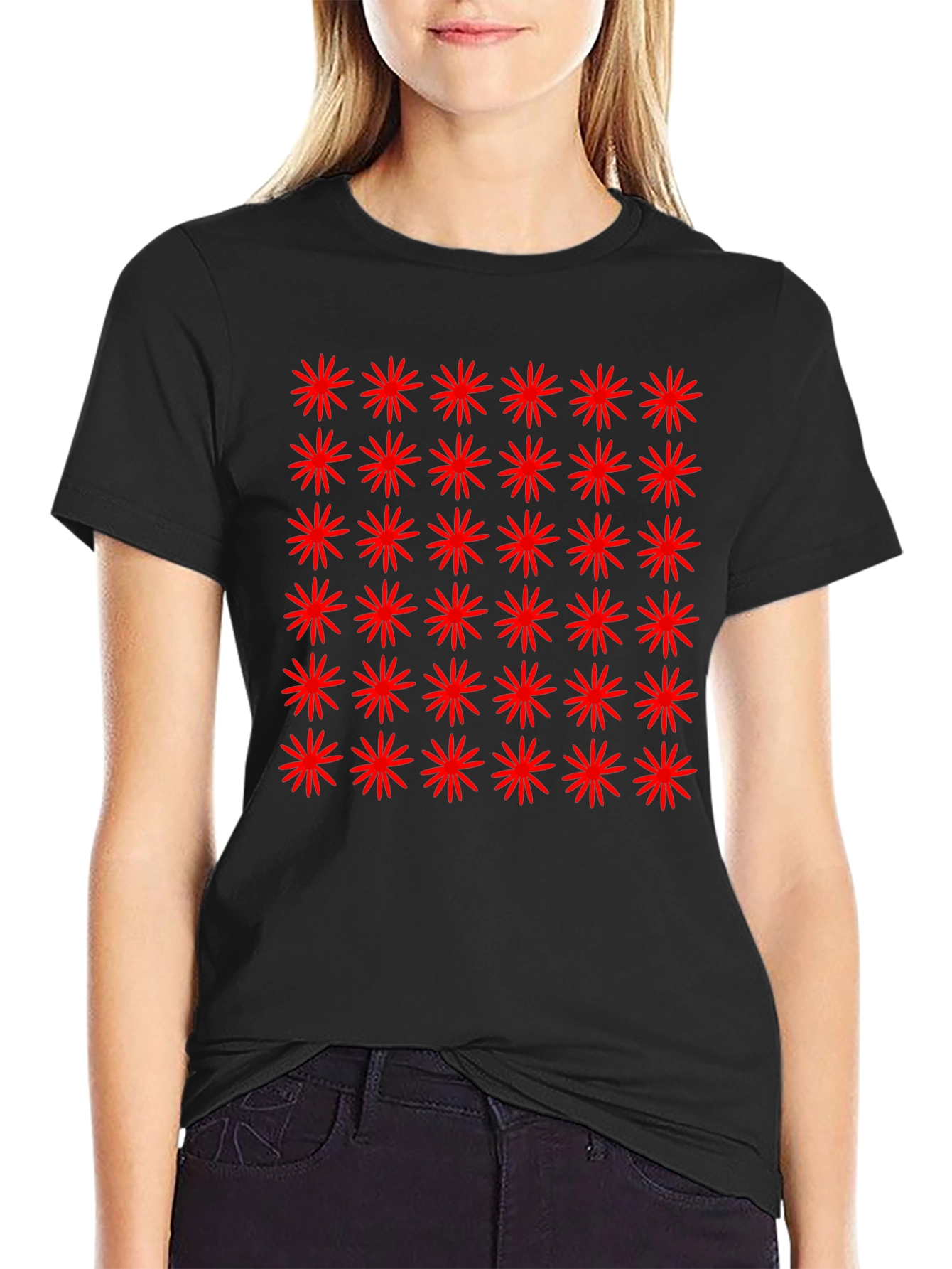 Red Starburst Pattern Black T-Shirt