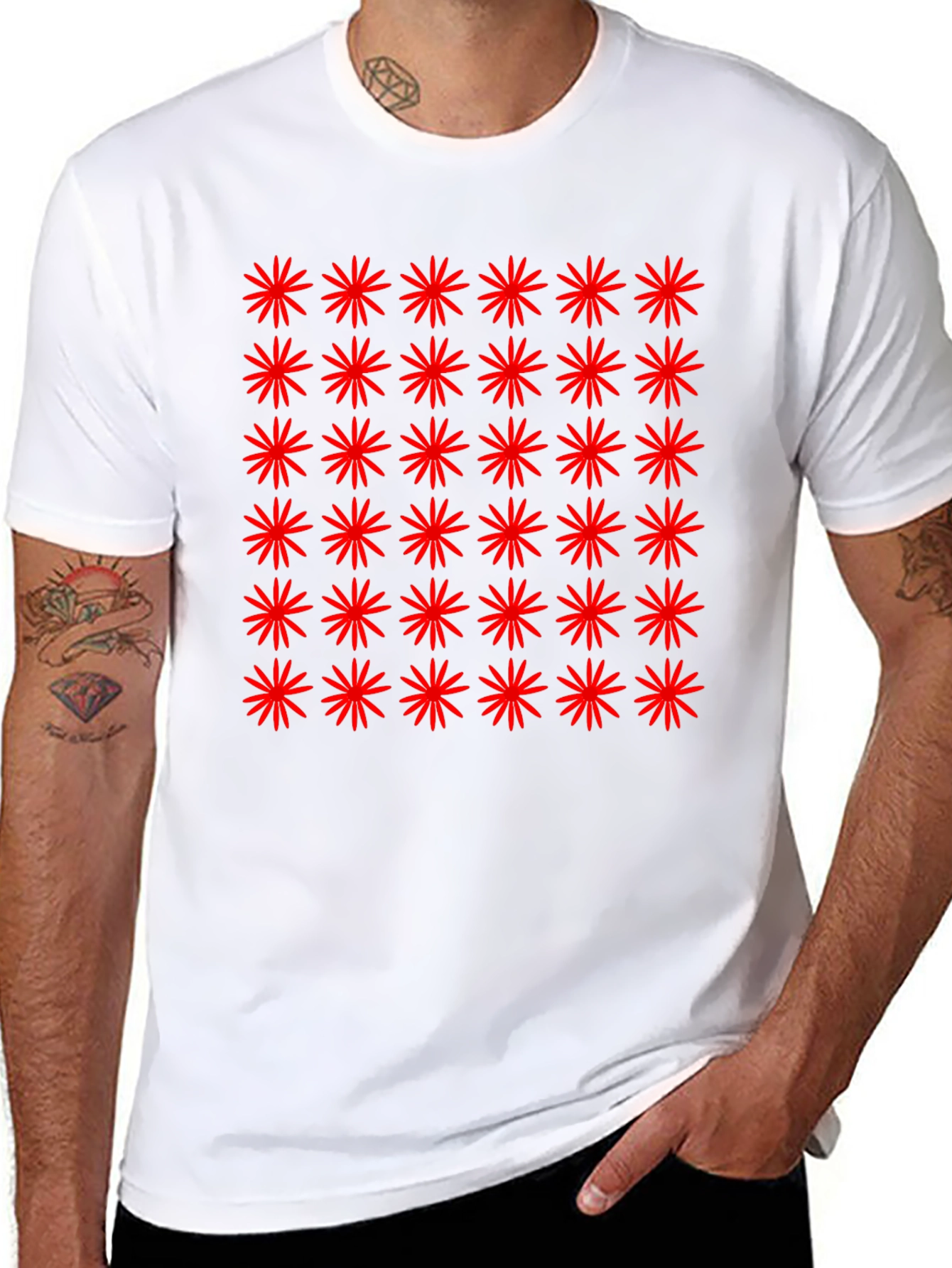 Red Starburst Pattern Black T-Shirt