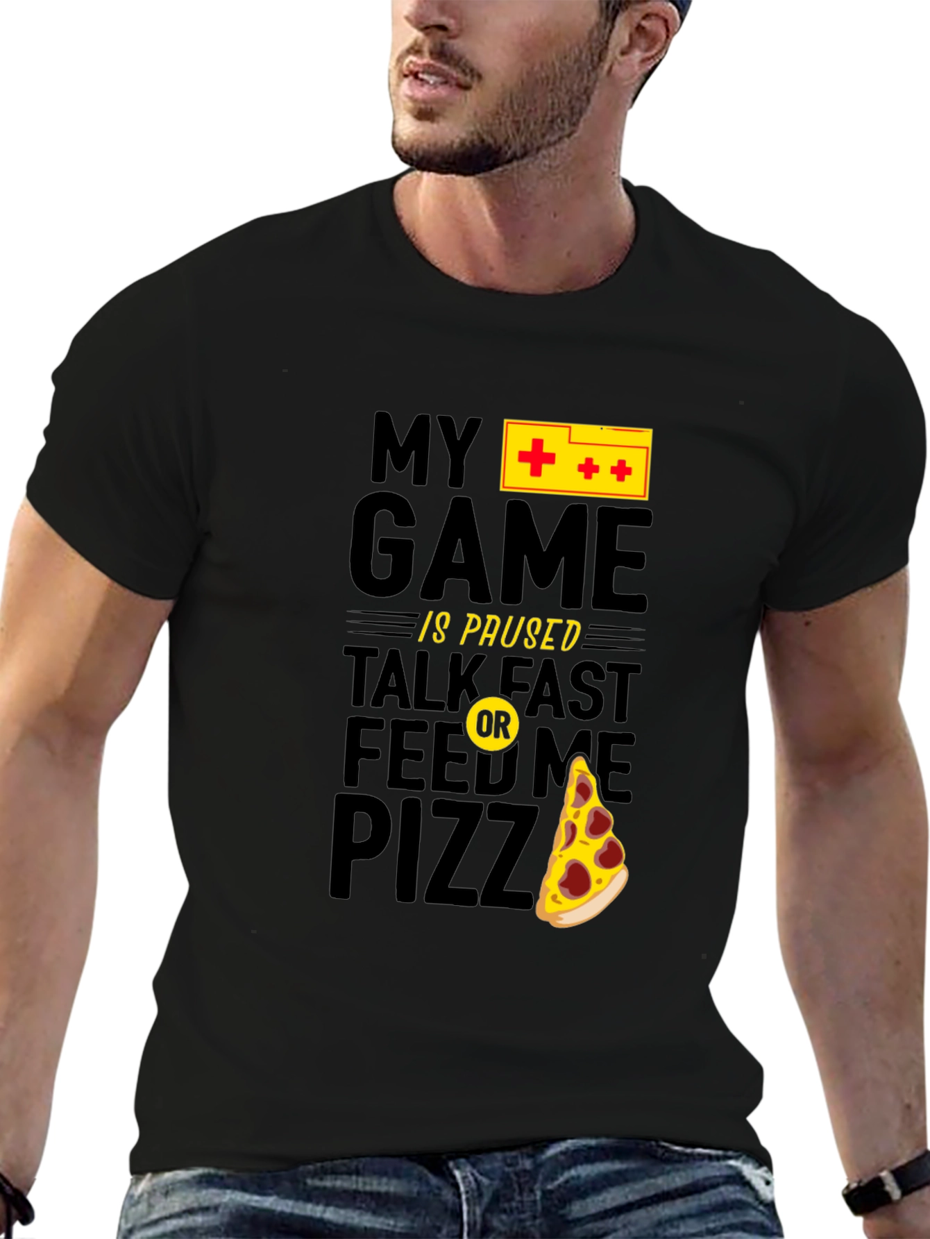 My Game is Paused Pizza Gamer Black Graphic Tee