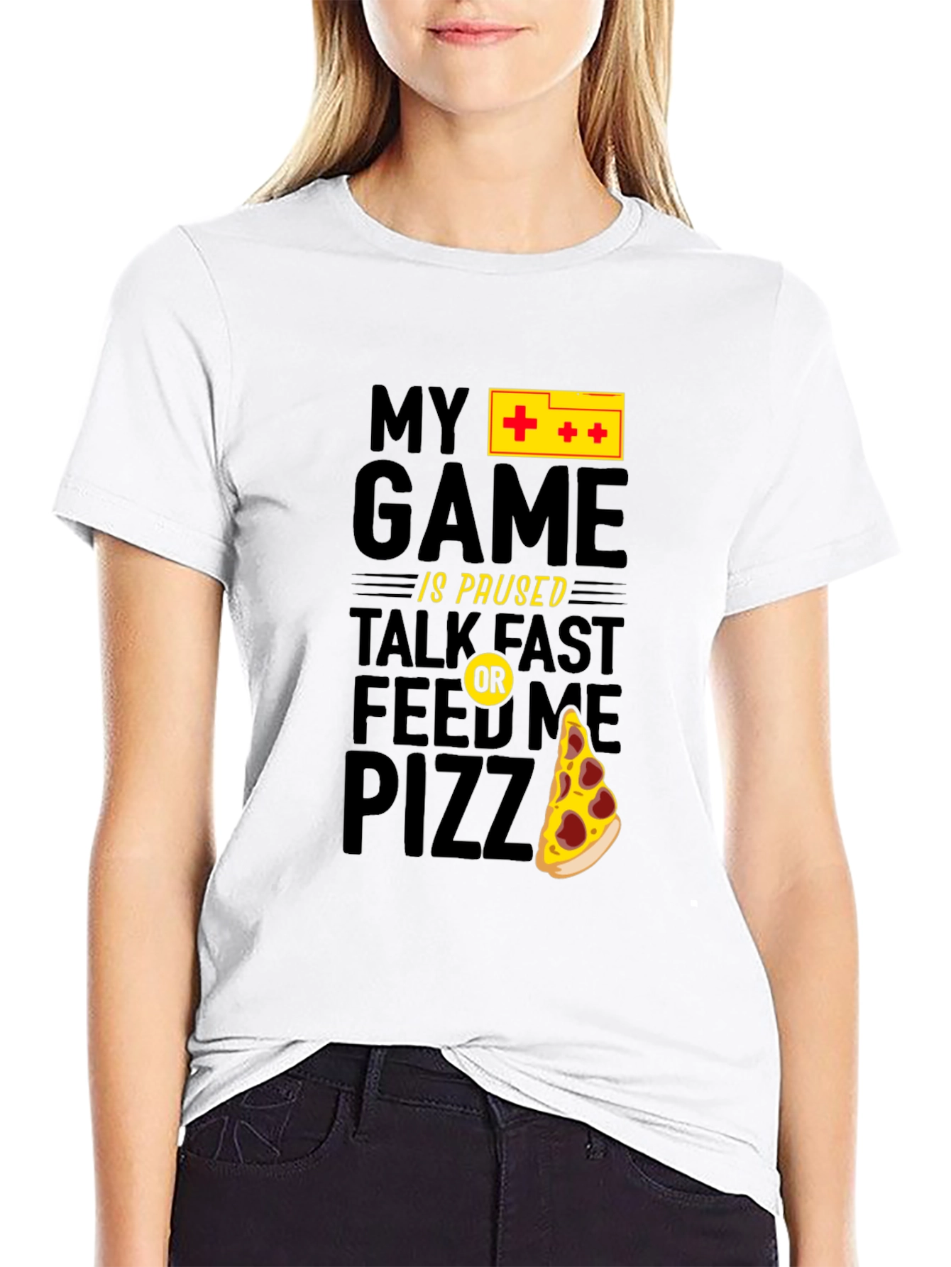 My Game is Paused Pizza Gamer Black Graphic Tee