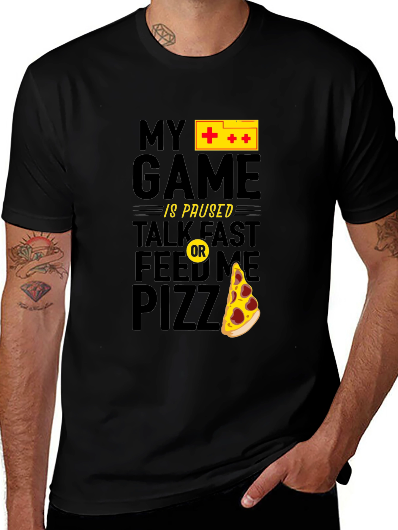 My Game is Paused Pizza Gamer Black Graphic Tee