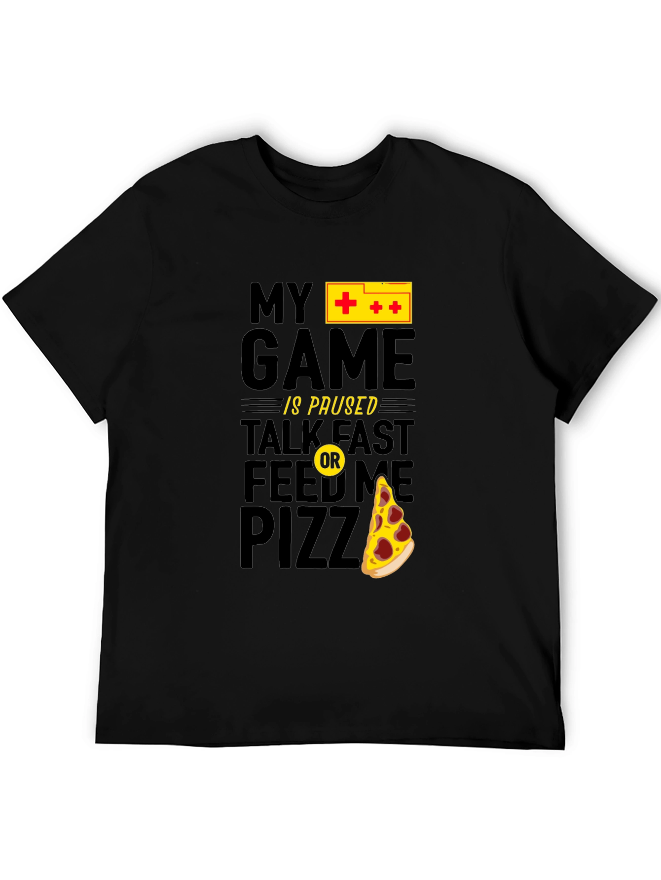 My Game is Paused Pizza Gamer Black Graphic Tee