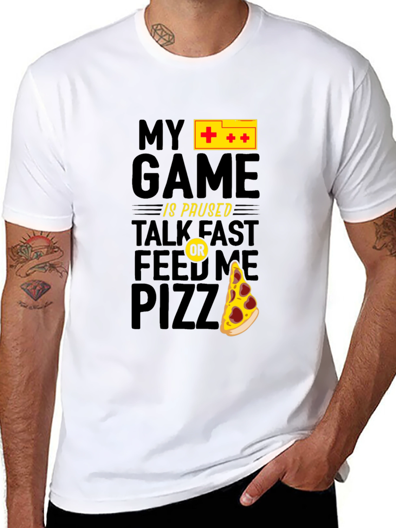 My Game is Paused Pizza Gamer Black Graphic Tee