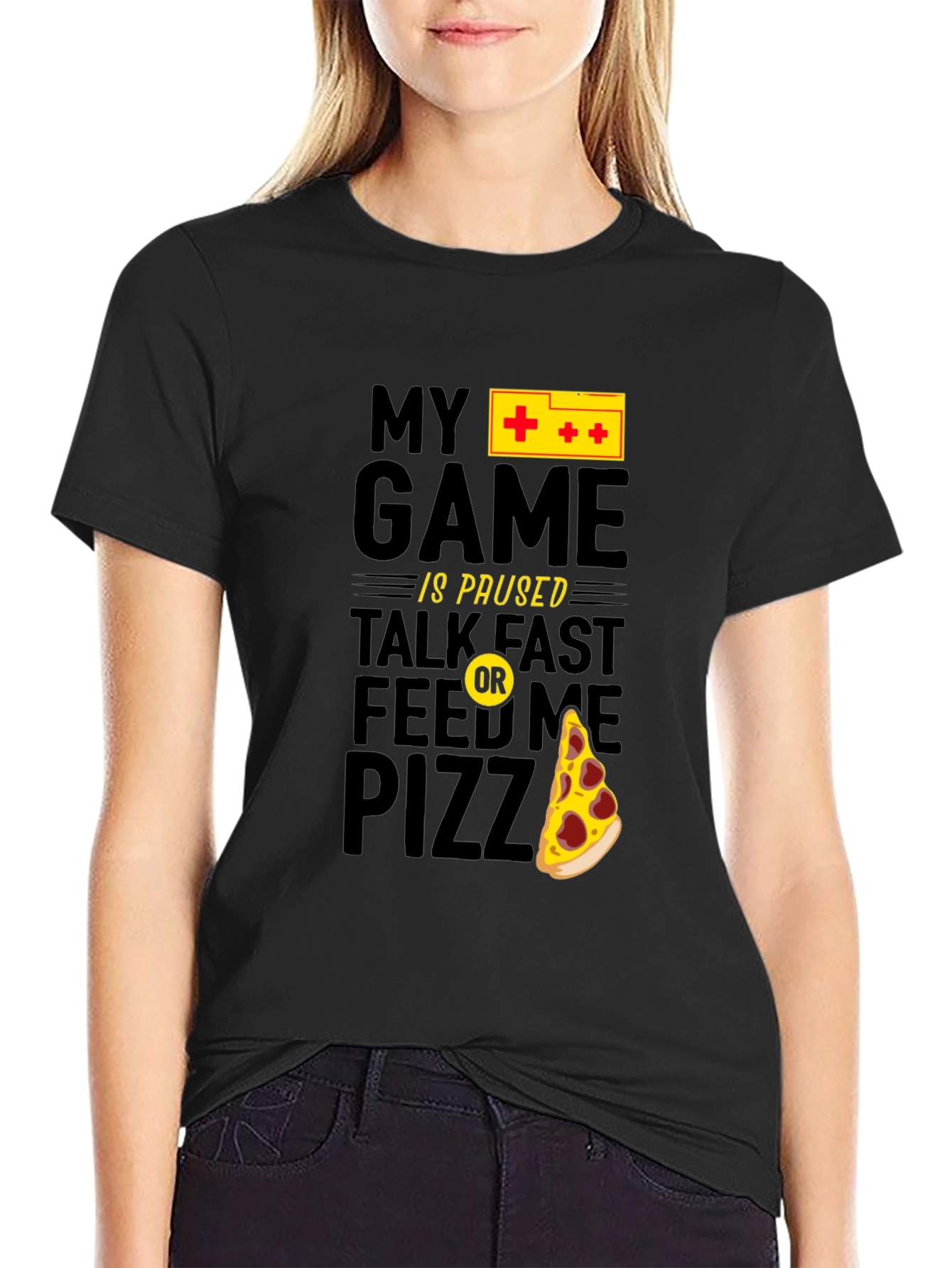 My Game is Paused Pizza Gamer Black Graphic Tee