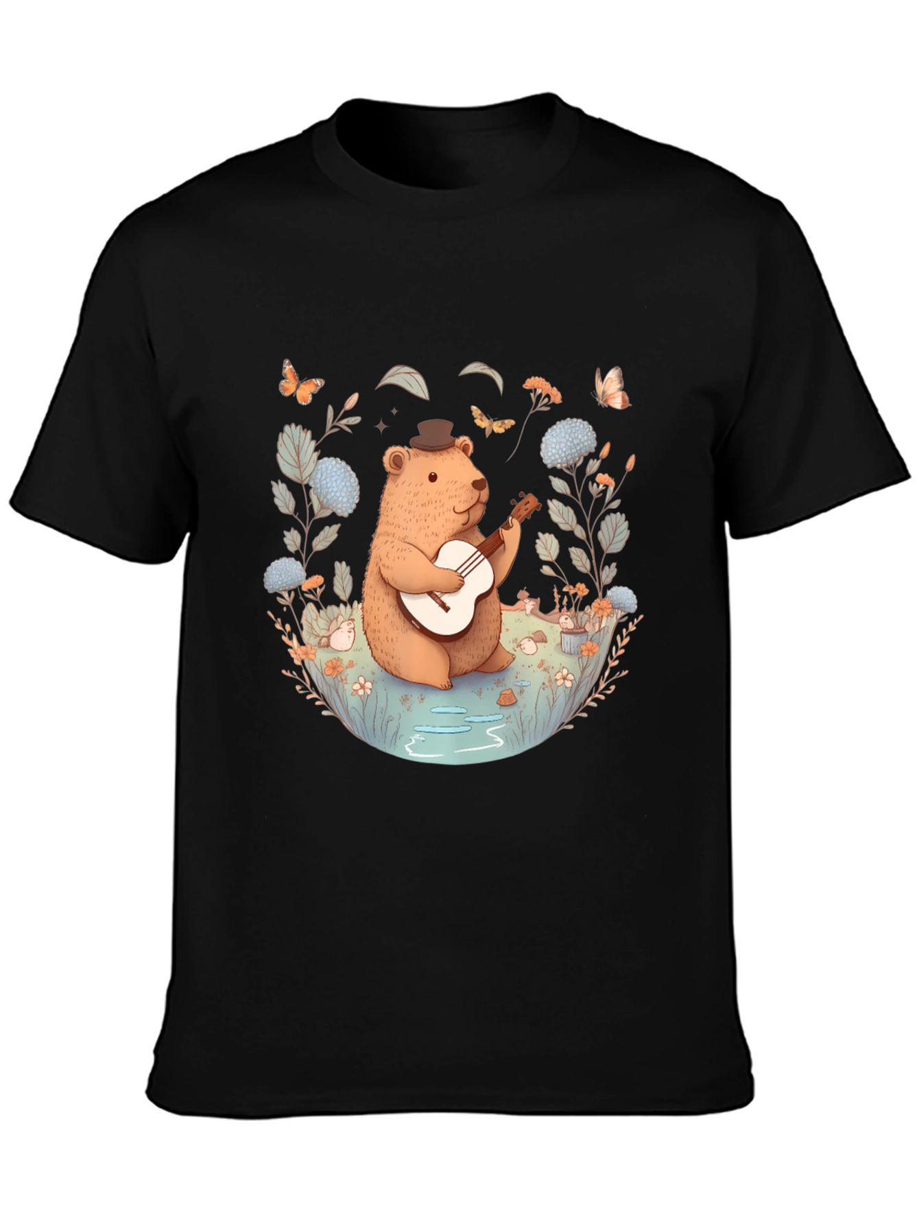 Bear Playing Guitar Graphic Tee - Black